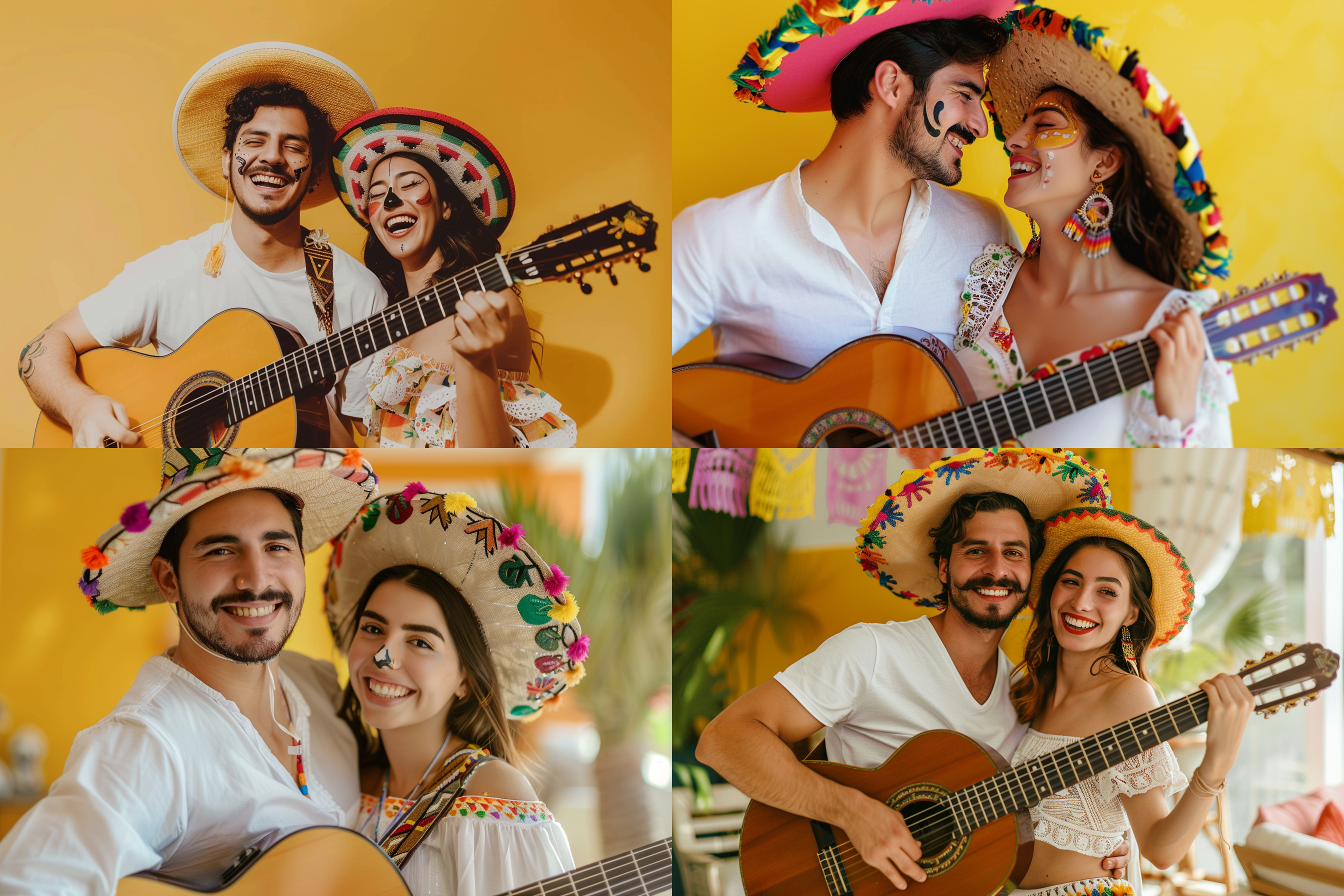 墨西哥亡灵节，一个在弹吉他的年轻帅气的男人和一个年轻美丽的女人在欢快的跳舞，男人和女人戴着墨西哥节帽子，男人穿着白色的短袖，女人穿着短袖连衣裙，情侣之间的互动，欢乐的，甜蜜的，在黄色和白色配色的背景客厅里，明亮的光线，人物视角，特写人物，正面，人物面向镜头，真实的照片