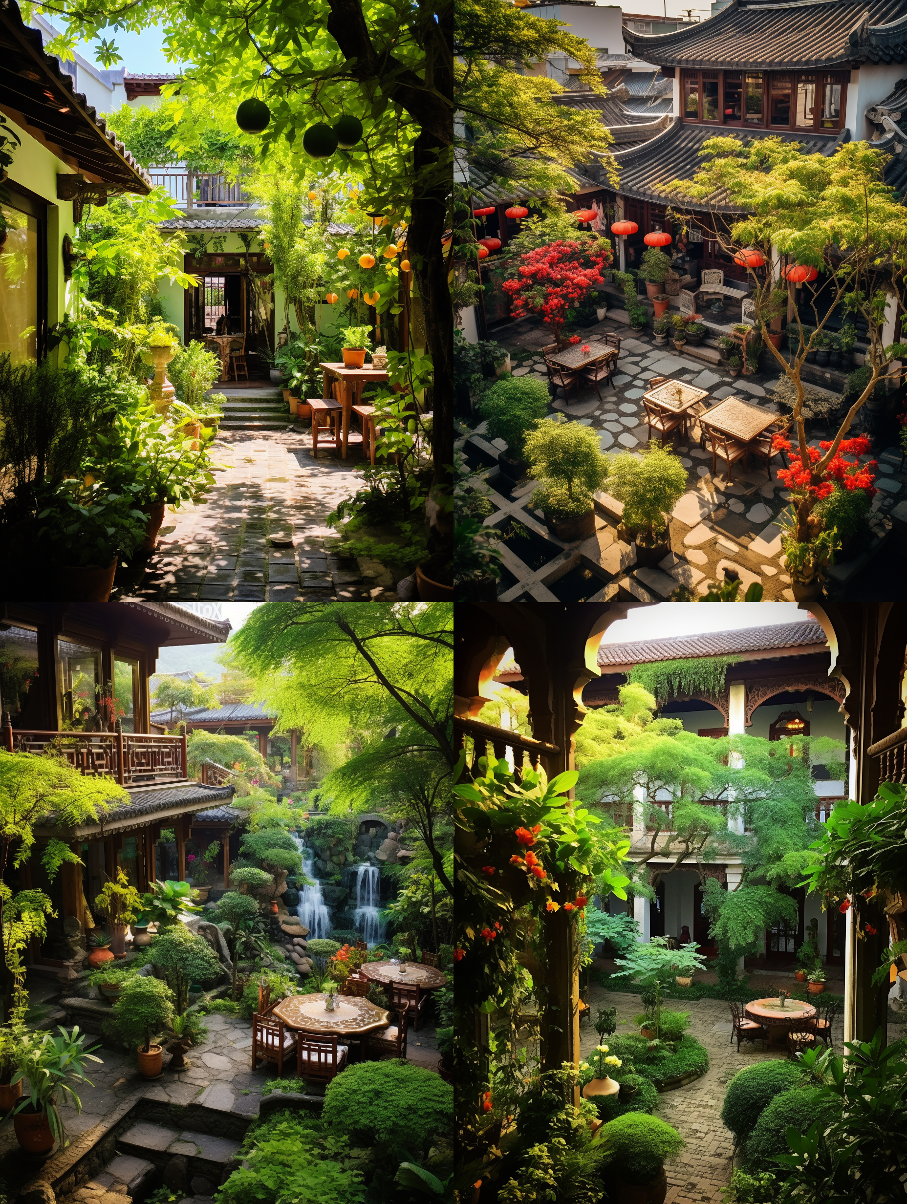 云南小院风格，漂亮花园，3层别墅。, 复古风格，俯拍，绿色植物，阳光穿过树叶，中焦镜头，明亮色调，静态，优雅。