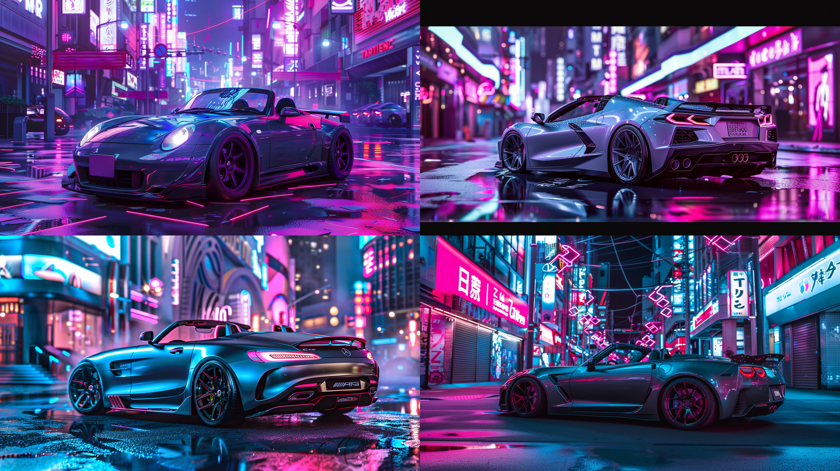 一辆灰色的敞篷跑车，停在一处霓虹闪烁的街道上，朋克赛克风格。