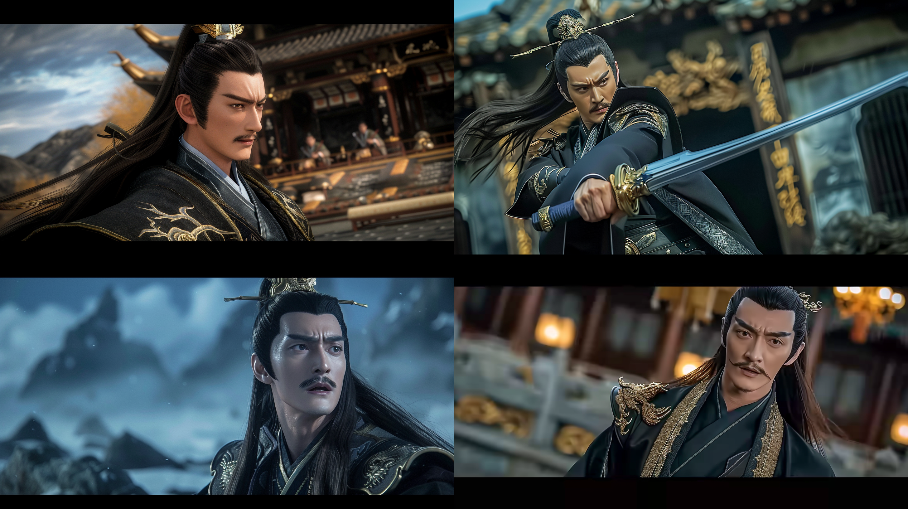 古武服男子，专注前方，深呼吸，呐喊，特写镜头，近景视角，古武服，男子，严肃，暗调，侧光，传统风格，镜头特写，黑色调。