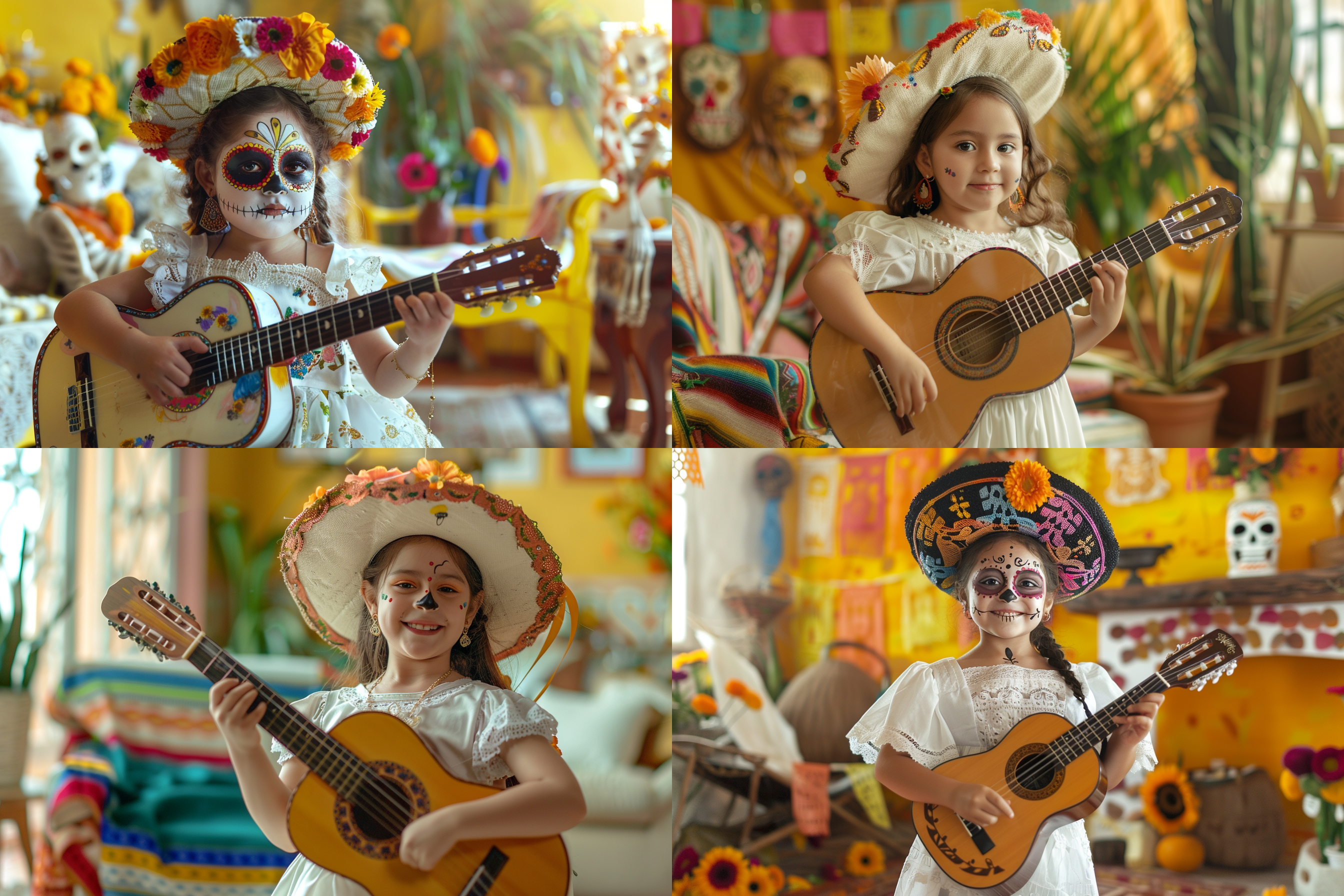 墨西哥亡灵节，一个可爱的的小女孩手里拿着吉他，戴着墨西哥节帽子，穿着白色的短袖连衣裙，欢乐愉悦的氛围，在黄色和白色配色的背景客厅里，墨西哥亡灵节装饰的背景客厅，明亮的光线，人物视角，特写人物，人物聚焦。正面，人物面向镜头，真实的照片