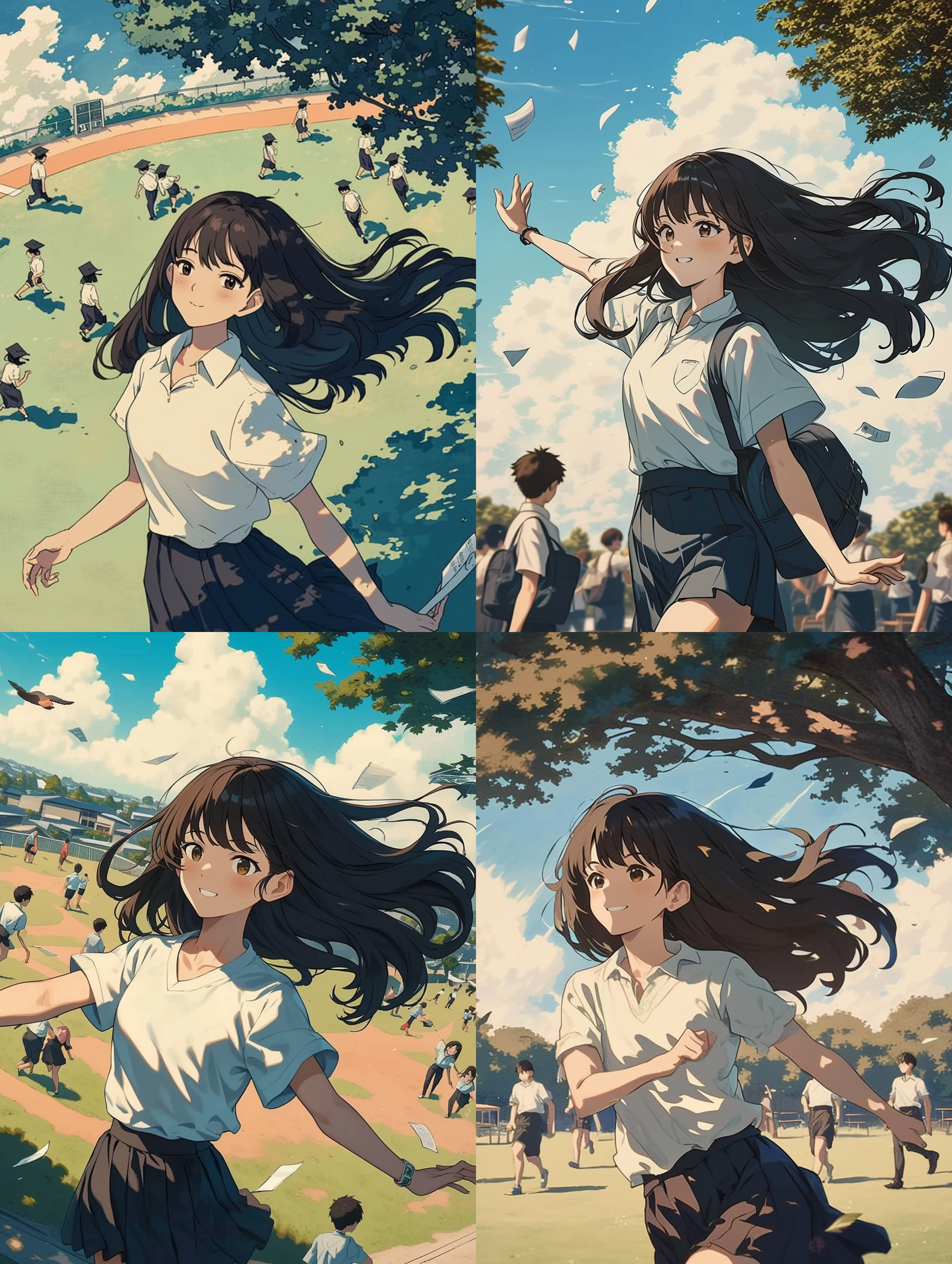 阳光照耀下的校园小道，远处是操场和教室。一群学生穿着校服奔跑着，笑容满面，手中挥舞着毕业帽和毕业证书。背景是黑板和课桌，书本堆积如山。明亮色调，广角镜头，快门捕捉奔跑，欢乐，成就感。