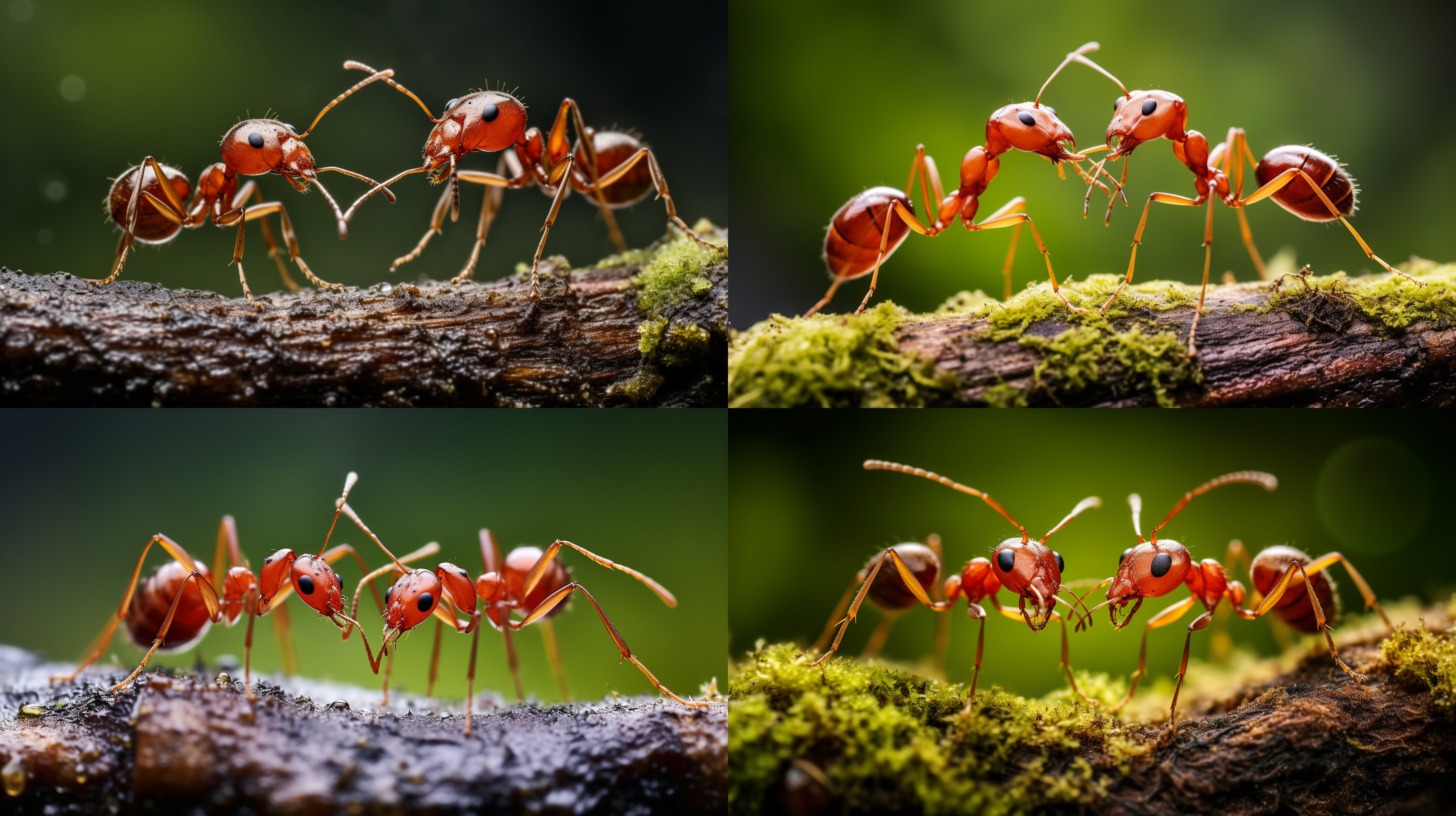 微距摄影，2只红色小蚂蚁，正在打架，举起前爪，攻击的样子
