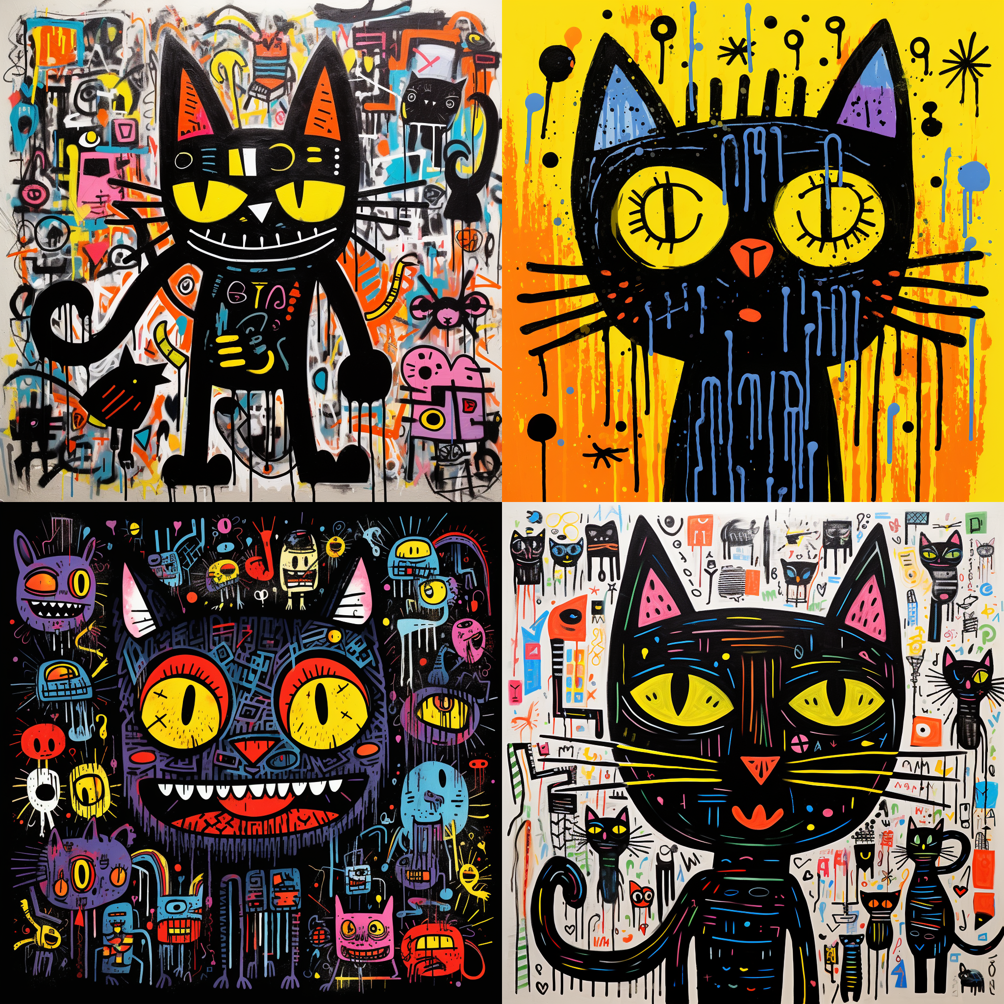 一个可爱的黑色，自色的猫，拟人化的造型，表情符号，6表情符号，各种表情，懈念，涉水，哭泣，生气，脸红，在keith haring风格的涂鸦，记号笔插图，大胆的线条和纯色
