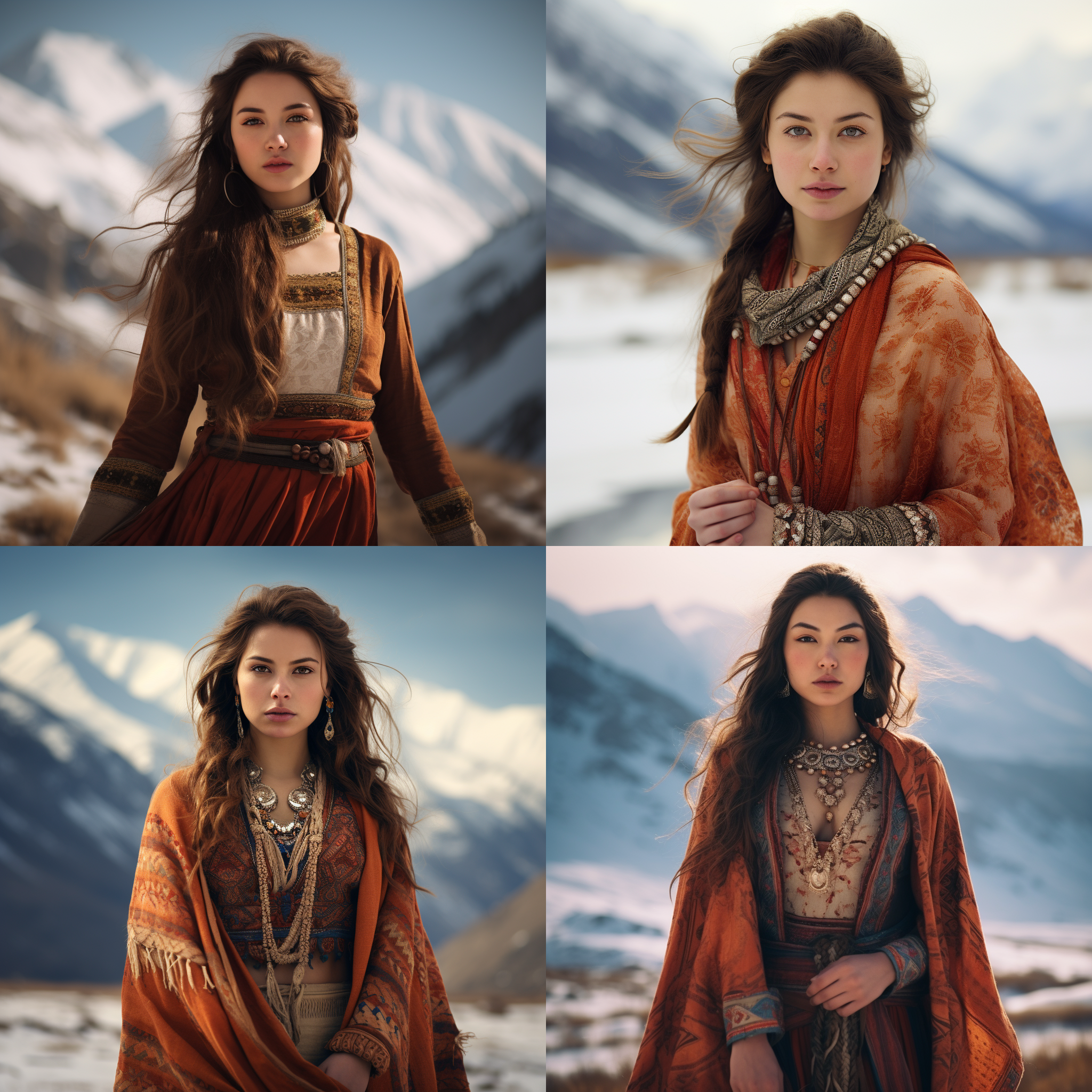 穿民族服饰女孩，雪地上，雪山背景，肖像风格，暖色调，长焦镜头，静态，端庄，自然光，柔和。