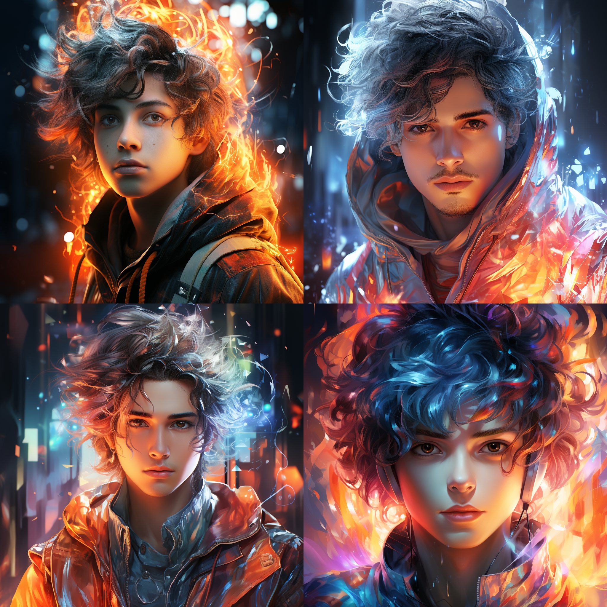 动漫风格男，全息，神秘肖像，混合现实和幻想元素，闪亮，光泽，彩虹核，深白色，浅银色，高清，8k。