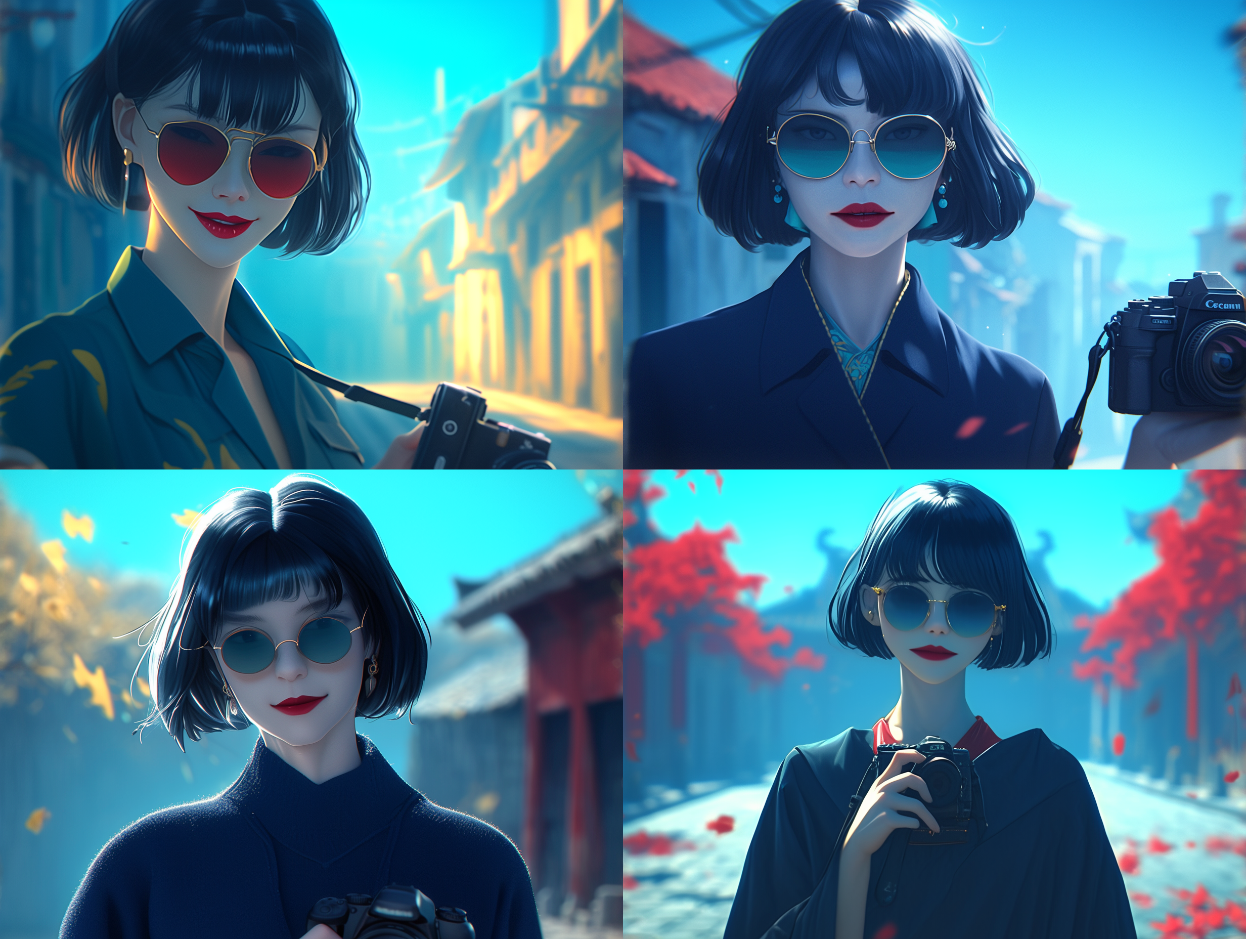 大四女生摄影作品，民俗社社长，个性开朗。穿着休闲风格，戴着相机，站在古老的街道上，阳光洒在她脸上，背景是古建筑和石板路。人物特写，微笑，眼神专注。人物风光摄影，古建筑，阳光，微笑，专注，休闲风格，古老街道，相机。