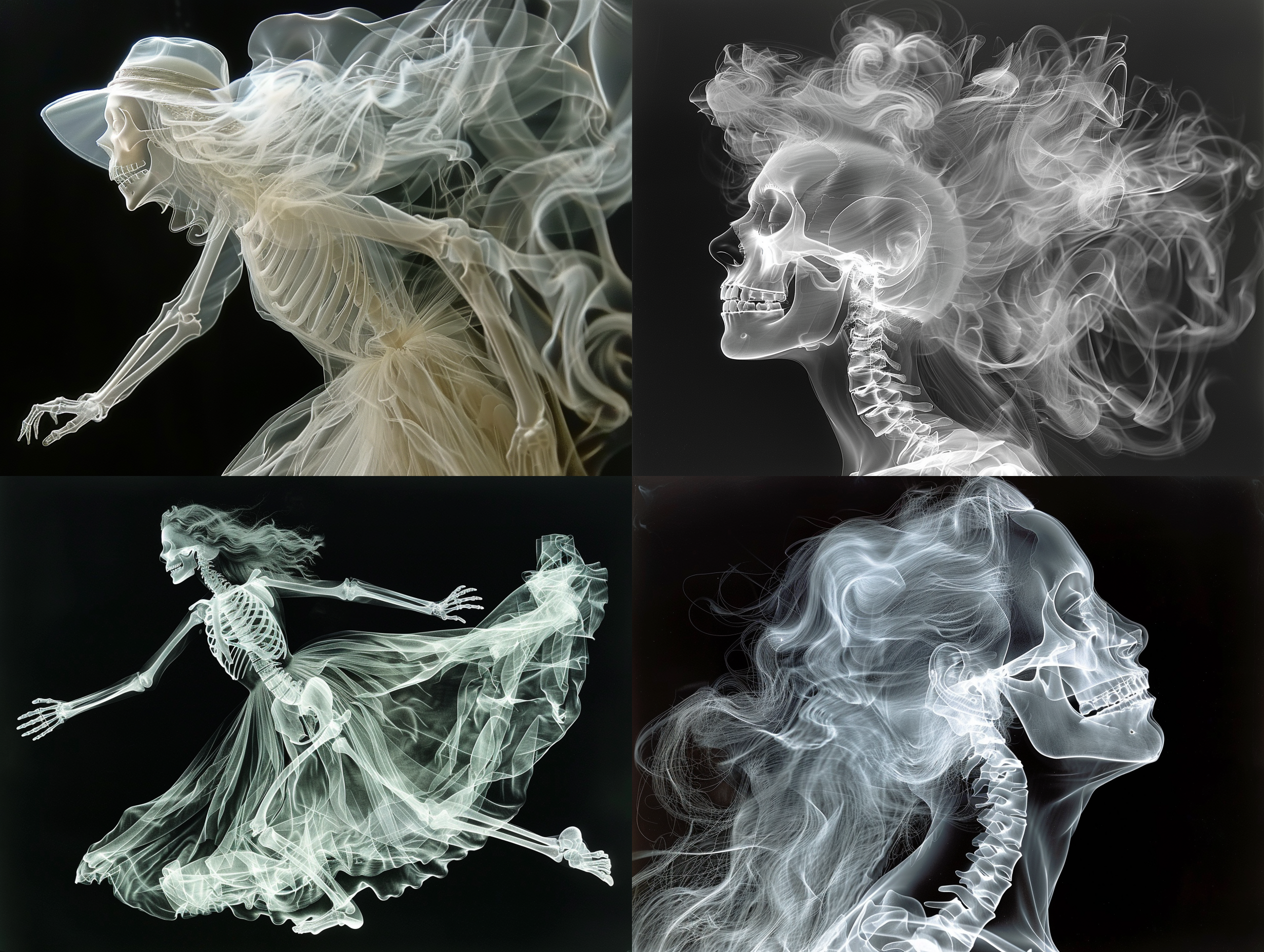 美女全身骨头透视，黑色背景，透视摄影，无辐射x光，自信微笑，白色连衣裙，蓬松长发，神秘眼神，精细线条，高饱和度，冷色调，霓虹效果。