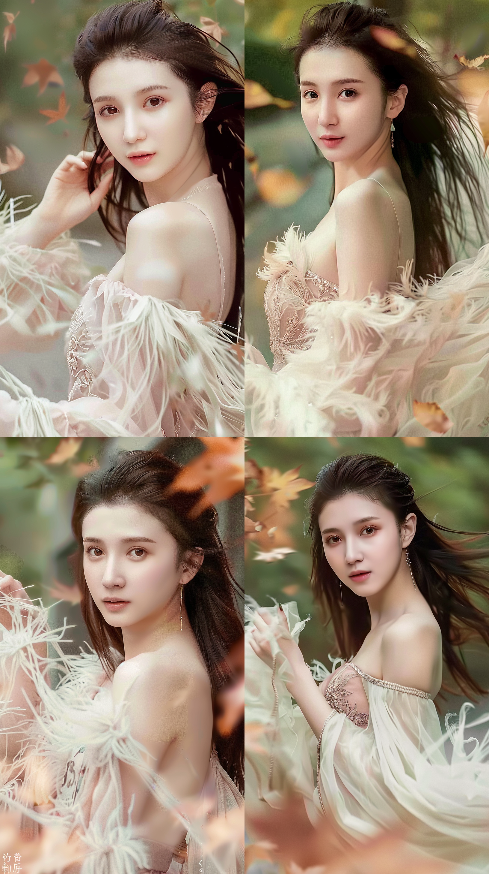 穿汉服美女，大街秋风落叶，环境情绪，传统汉服，柔和色调，人像摄影，微笑，飘动长裙，自然光，抓拍，优雅。