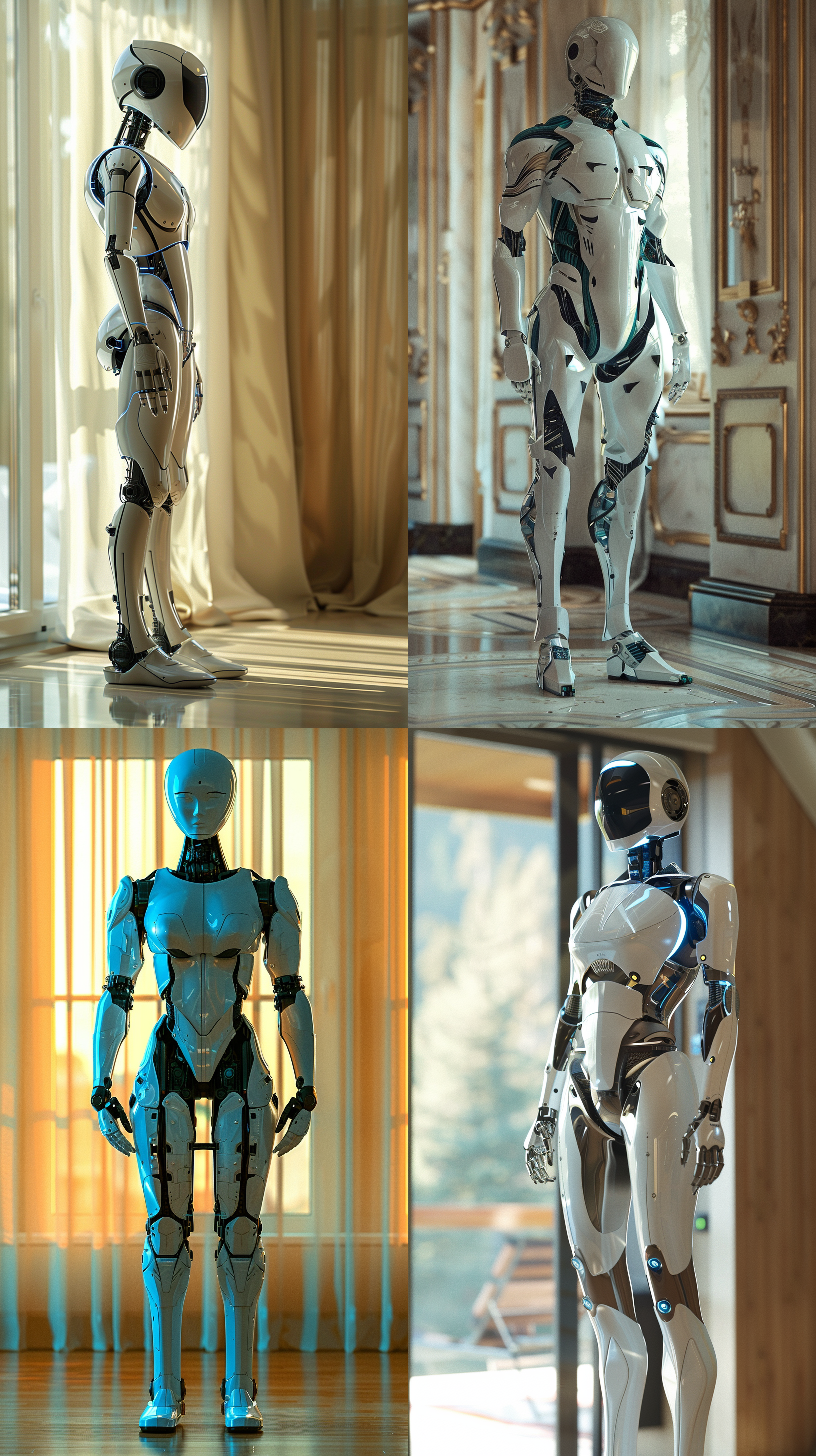 人形机器人全身像，身材敦厚，银白色光亮外表，蓝白色块，暖色调房间背景, 高清晰度，室内环境，长焦镜头，静态，冷静，科幻情怀。