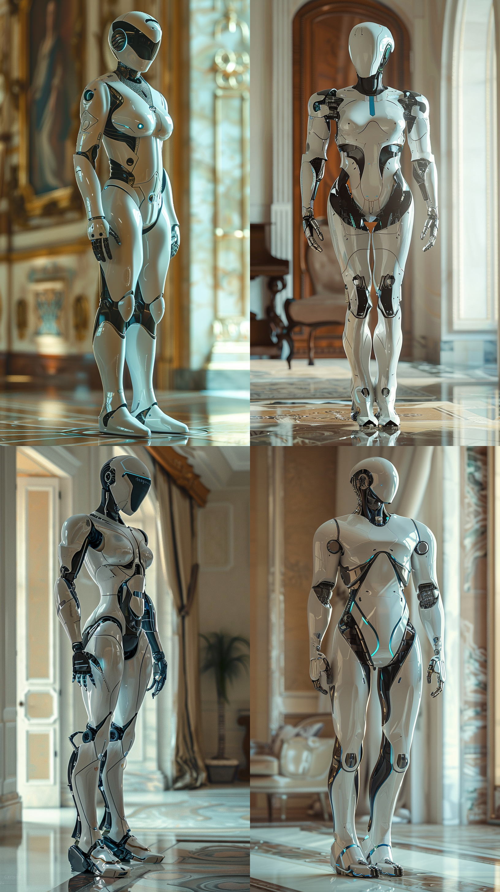 人形机器人全身像，身材敦厚，银白色光亮外表，蓝白色块，暖色调房间背景, 高清晰度，室内环境，长焦镜头，静态，冷静，科幻情怀。