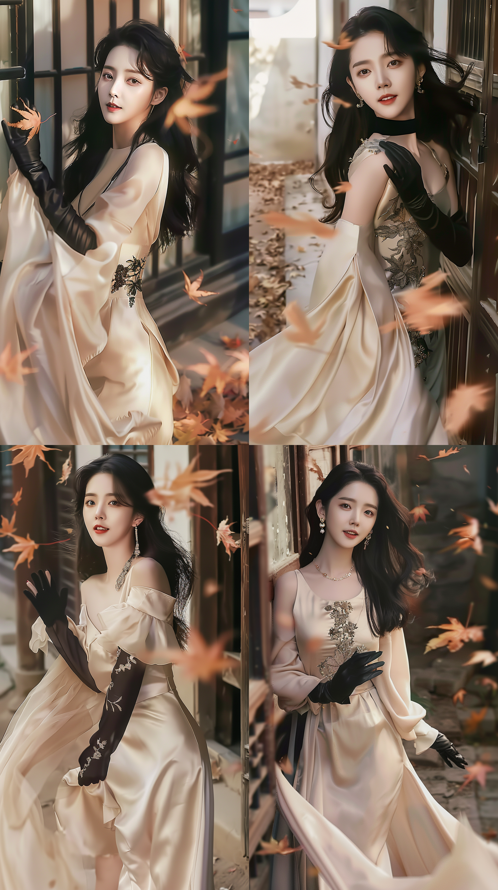 汉服美女，街头秋风落叶，传统环境，柔和色调，人像摄影，微笑，飘动长裙，自然光，抓拍，优雅, 4k。