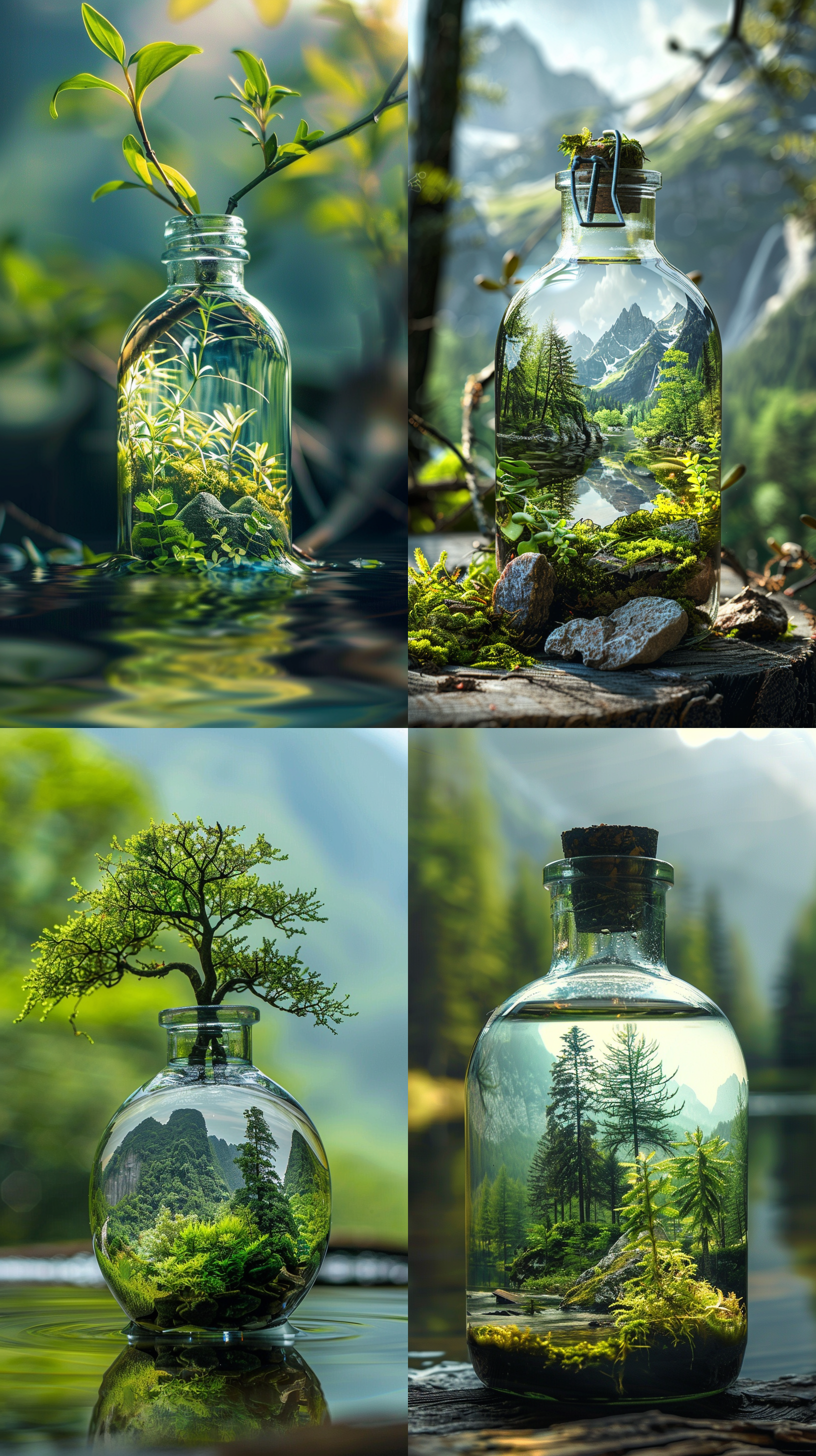 微缩山水景观，绿植倒影，细腻细节，清澈水面，静谧和谐，微距镜头，自然光，微缩摄影，细节丰富，瓶中世界。