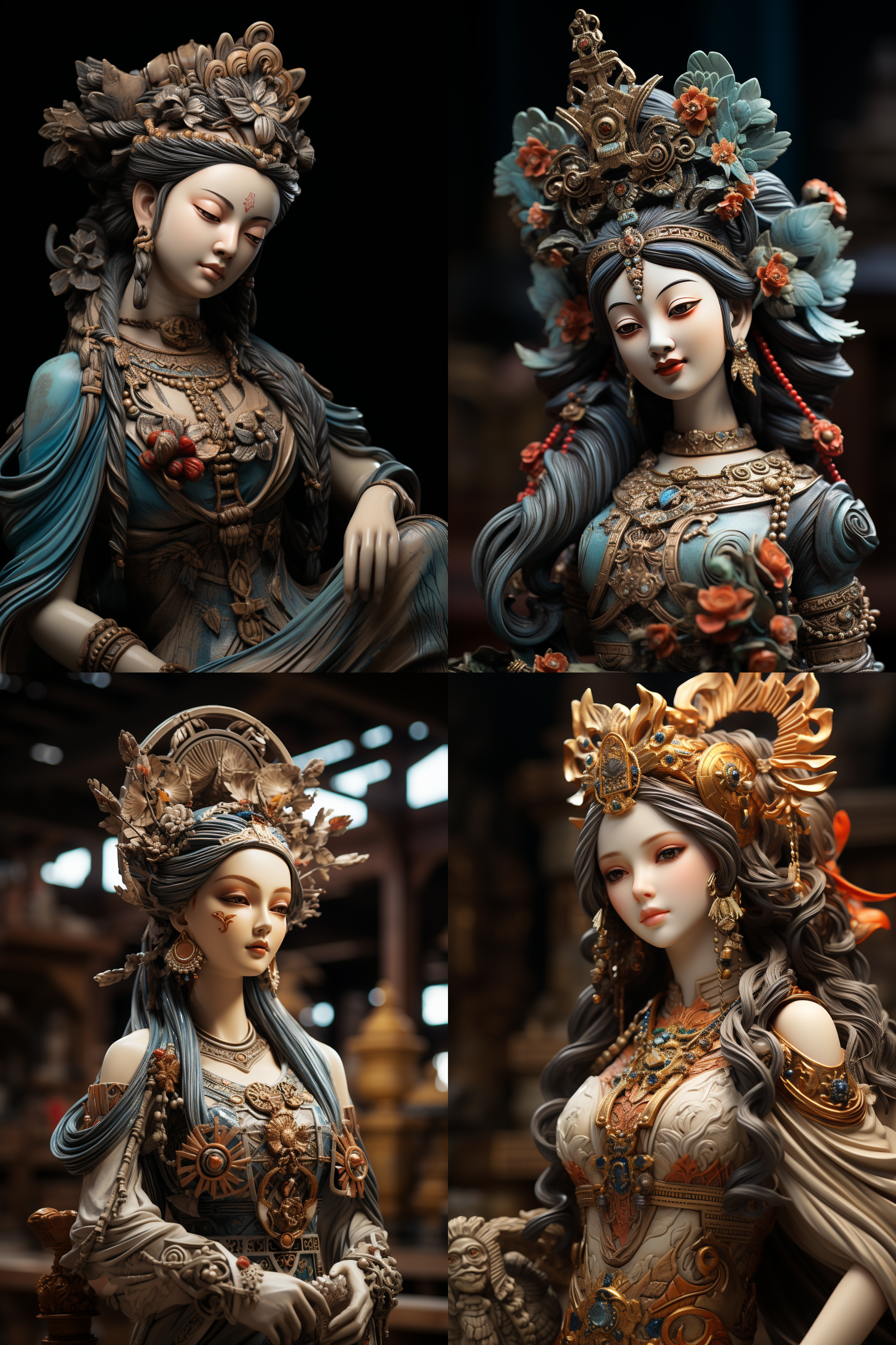 古代女子雕像微笑, 唐三彩陶瓷, 静态构图, 古风, 细节丰富, 柔和光线, 传统服饰, 唐代风格, 和谐色调, 宁静, 神秘, c4d渲染, oc效果，高清，8k