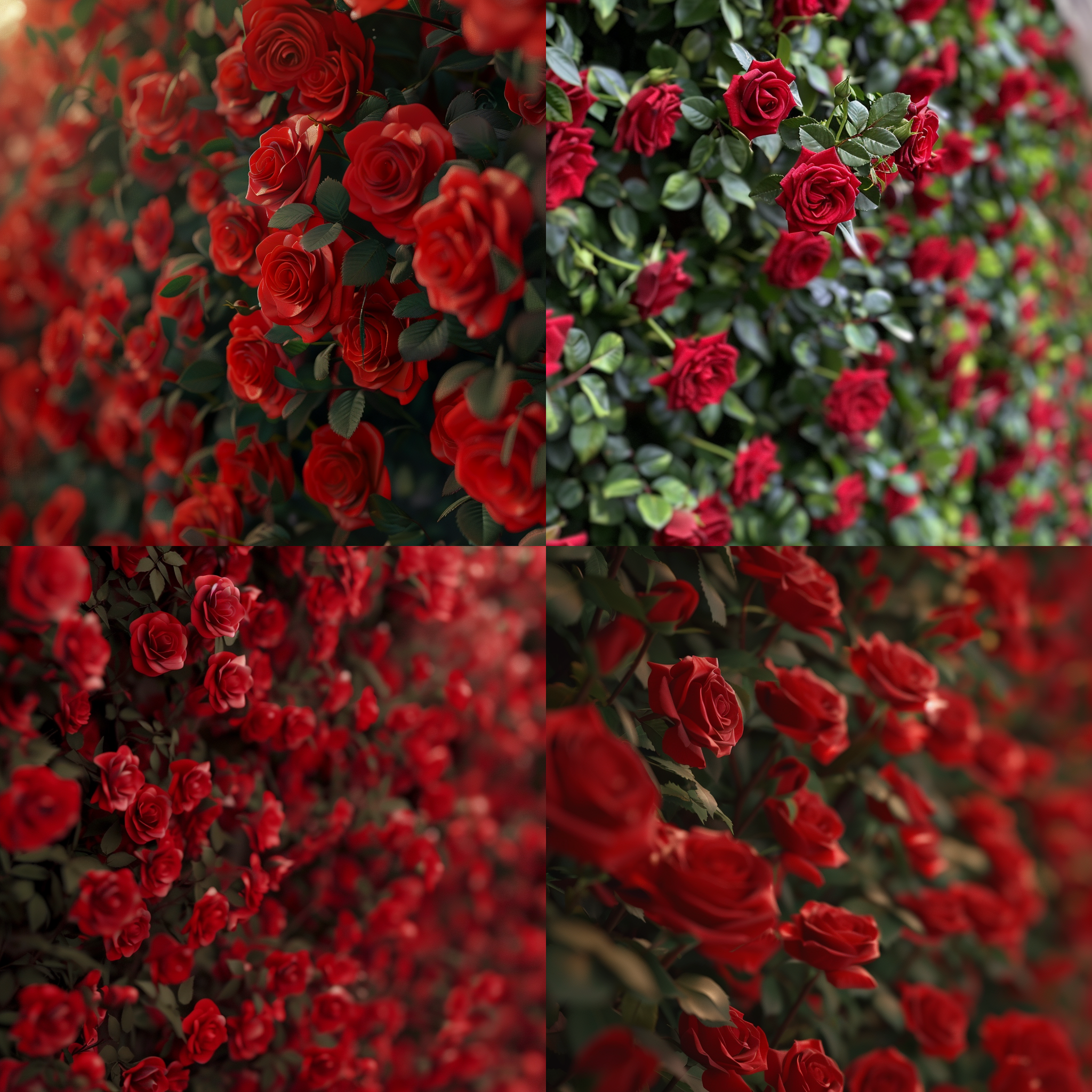 红色玫瑰 、玫瑰花墙、特写镜头、远景模糊、真实质感、4k高清
