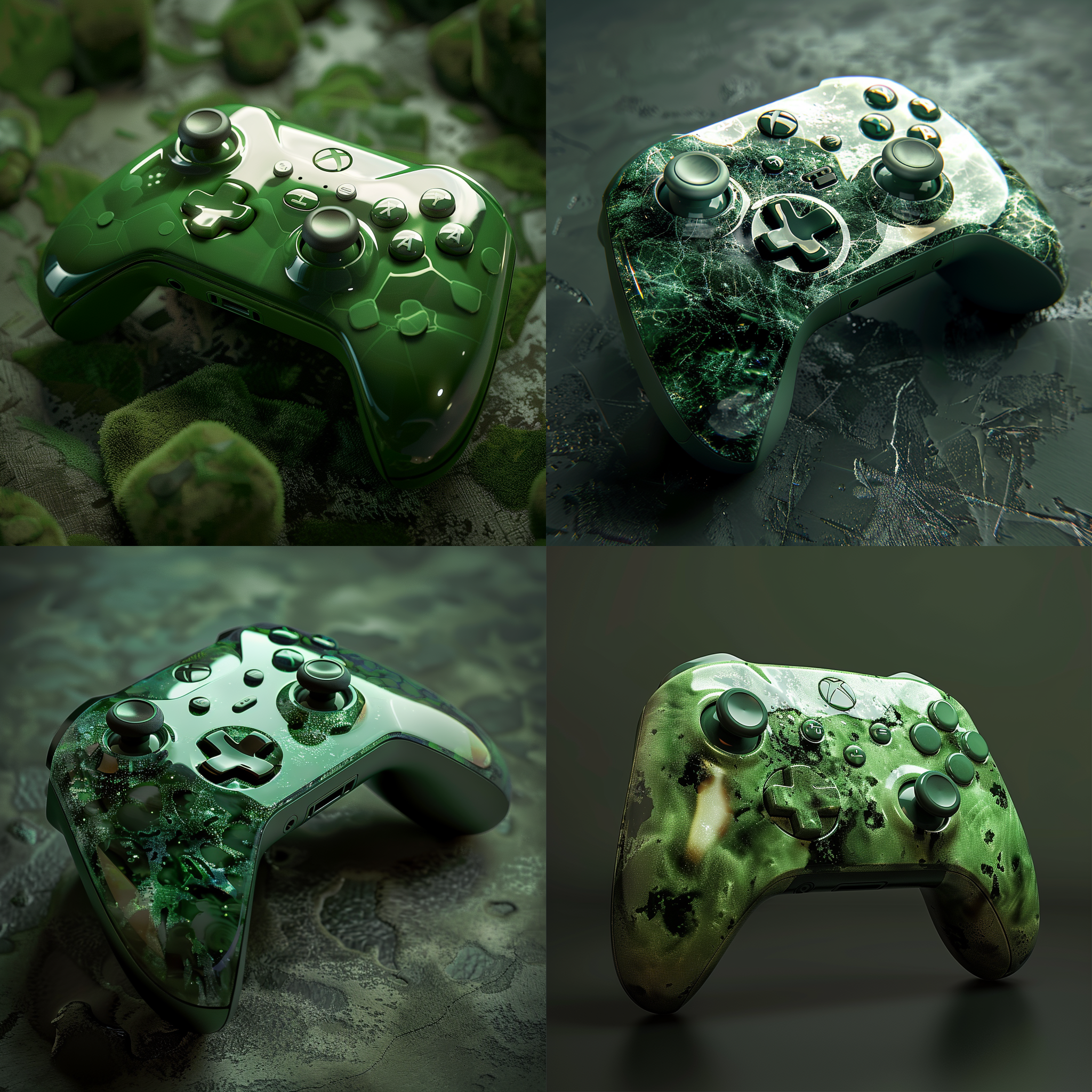 翡翠游戏手柄，对角线构图，暗调环境，微距镜头，细节丰富，绿色主调，光泽质感，手握姿势，专注。