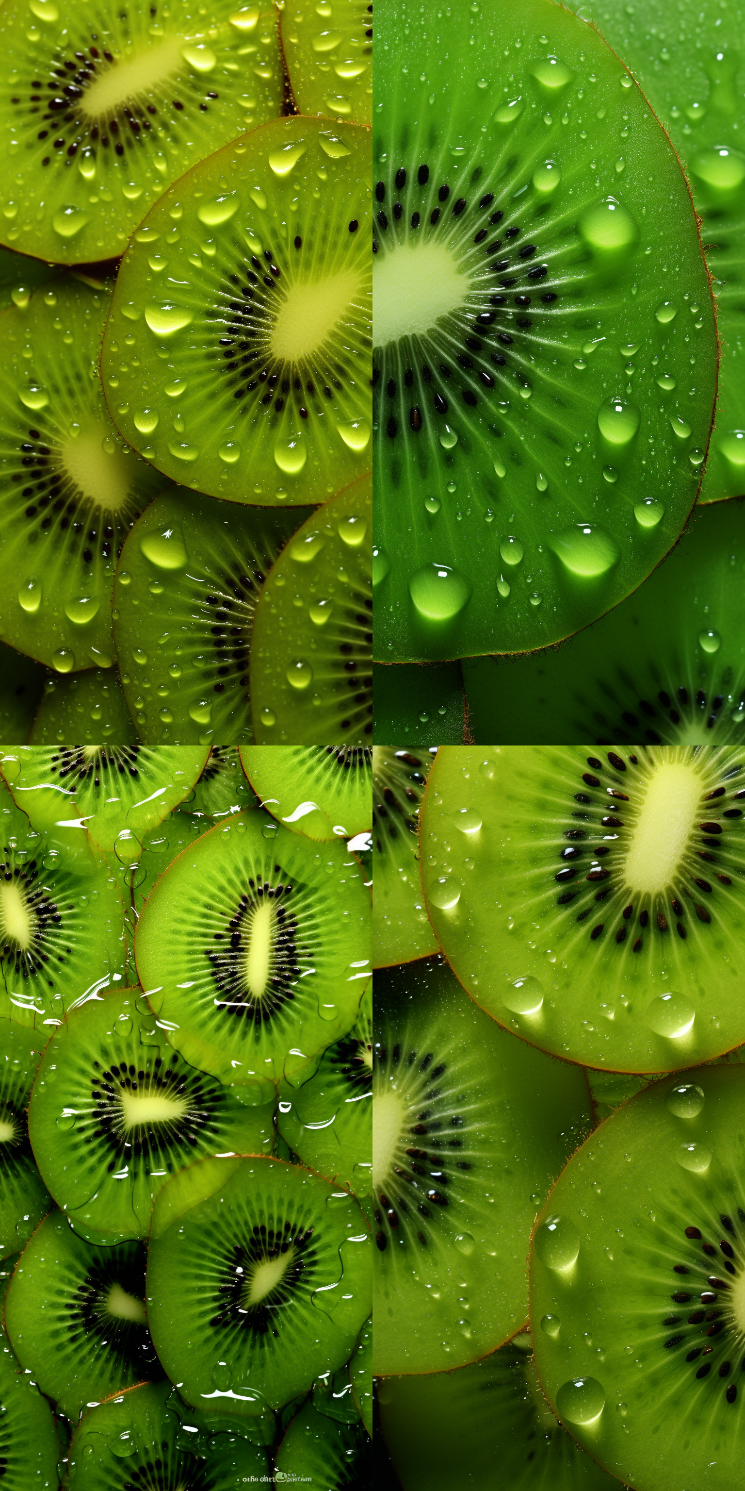 猕猴桃切片的高分辨率特写照片，展示了它们充满活力的绿色和复杂的图案。重点是每片的纹理和细节，水滴在完美的对称中闪闪发光。整个猕猴桃的背景增加了构图的深度，为手机创造了一个有吸引力的壁纸态环境