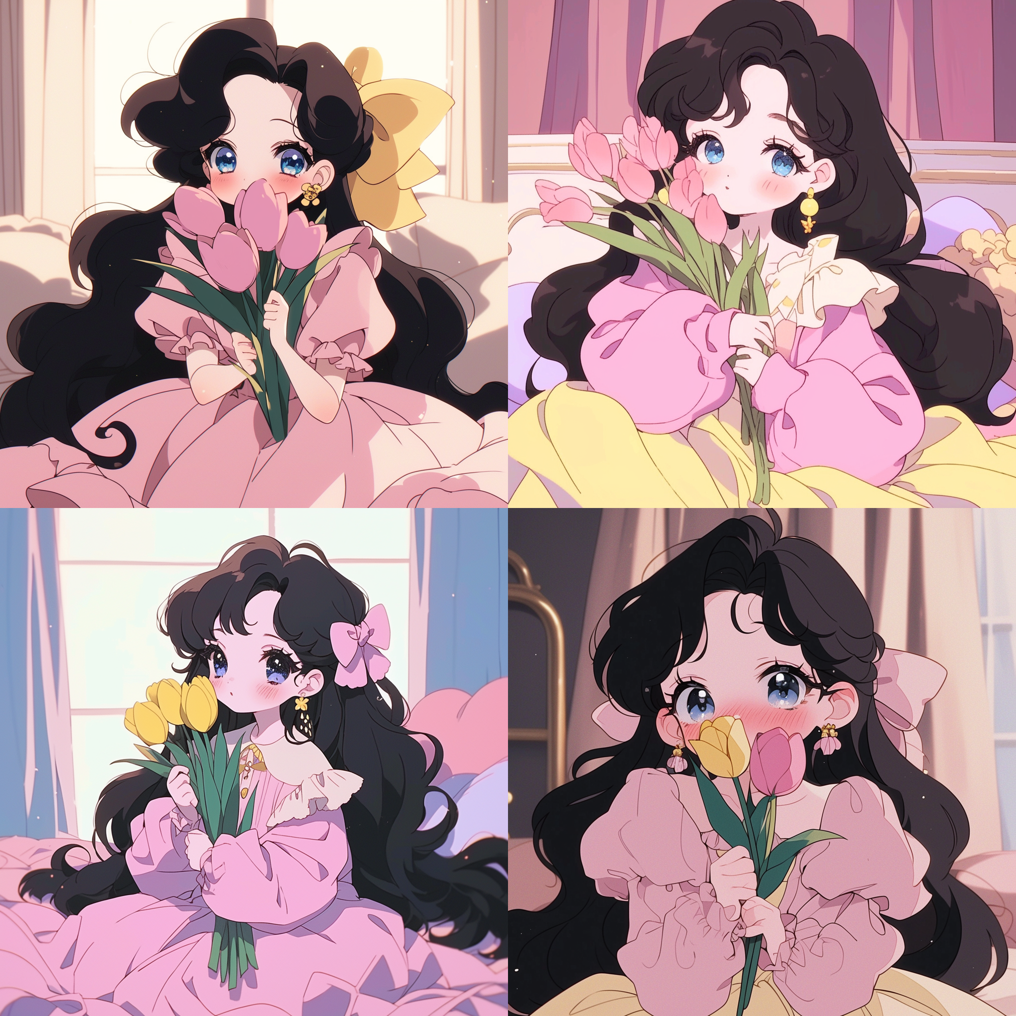 1997s anime，一个小女孩，胖乎乎的，在卧室里，穿着粉色/黄色连衣裙，黑色长发，白皮肤，腮红，抱着一束郁金香，特写，可爱的女孩，景深，tyndall effect，细致的肢体刻画