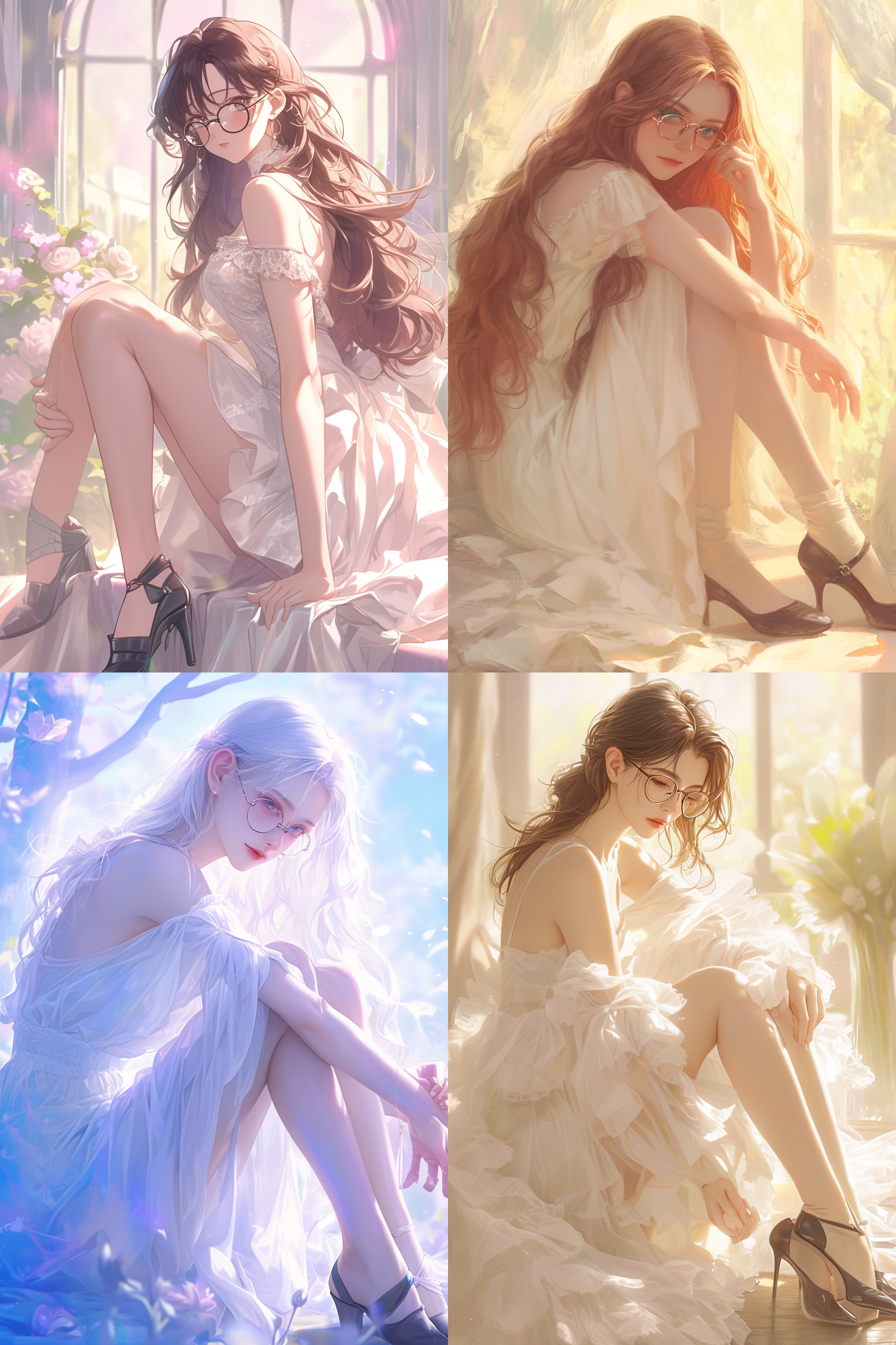 长发少女，坐姿，白色连衣裙，飘逸裙摆，白色气球，眼神温柔，高光，精致眼镜，流畅的线条，黑色高跟鞋，柔和色彩，自然光，温馨浪漫，童话世界，高清晰度，特写，高键照明，8k，c30。,