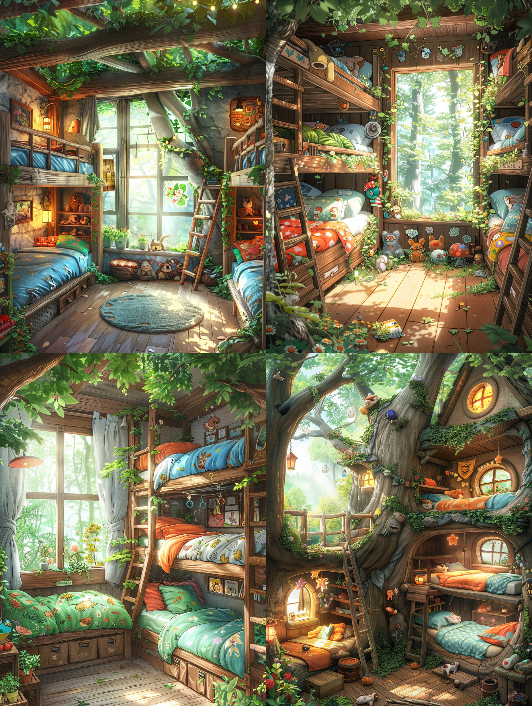 根据以下描述画一间卧室：在梦幻森林深处，隐藏着一个温馨的卧室，左边是精致的上下铺，右边也有精致的上下铺，共四张床，每张床都用不同的主题装饰，让人仿佛进入了不同的梦境。一张床铺以轻柔的云朵为主题，带着慵懒的白色和天空蓝，另一张则围绕森林主题，覆盖着树叶绿和花朵的图案。第三张床洋溢着星光闪烁，暗夜紫作为床品的主色调，而第四张则以阳光黄融入清晨的暖意。 这个卧室的大窗户，早晨的阳光穿过树梢，洒在温暖的木地板上，光影婆娑。墙面上挂着动物的画像，为房间增添了几分生气与乐趣。每个睡觉的小角落都充满了想象和梦幻，是梦幻森林中最为温馨的避风港。最佳杰作，最高画质，高分辨率，复杂的细节，非常详细，超逼真，颜色丰富，大全景 动画艺术 柔光