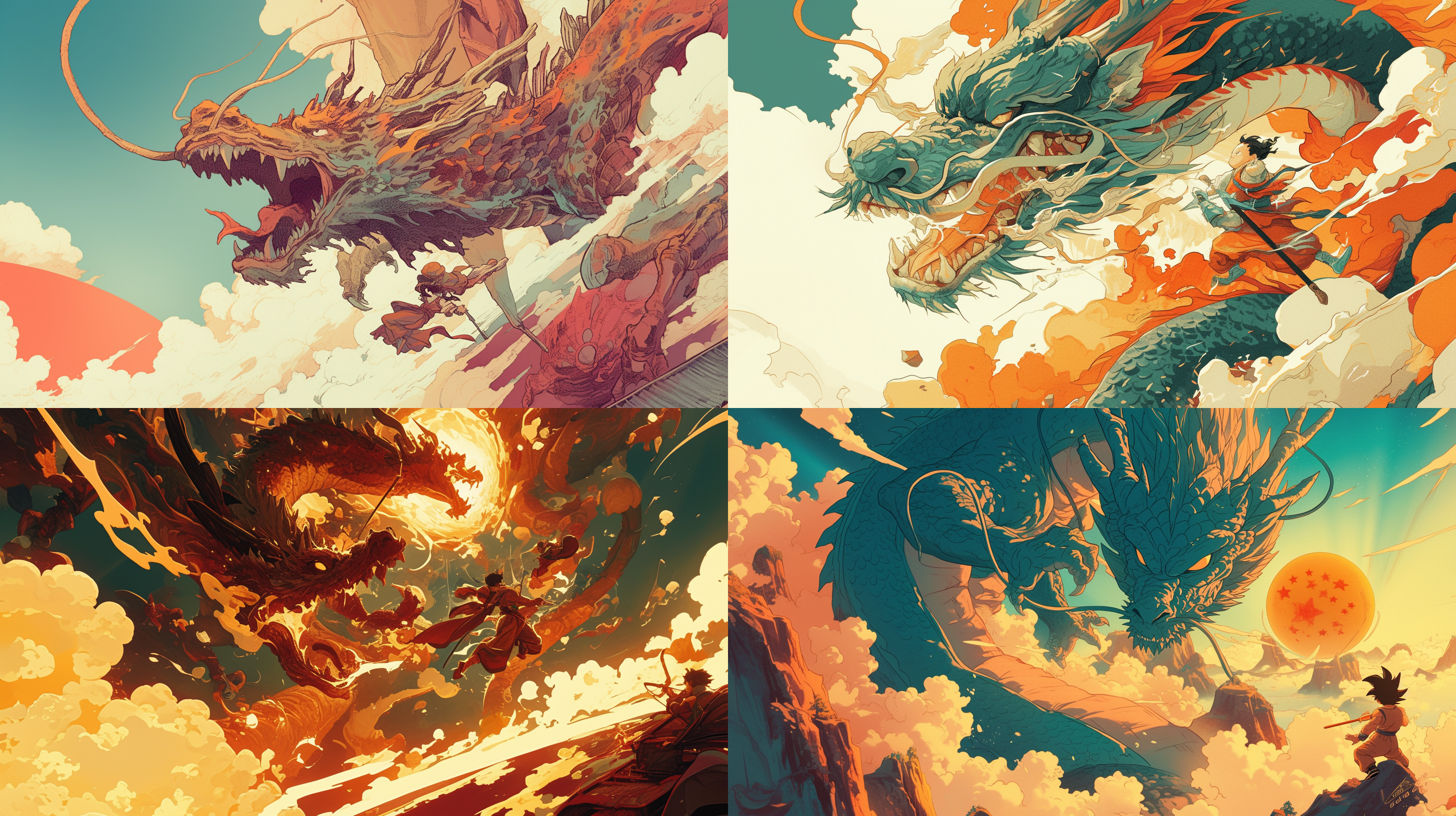 the chinese dragon soars through the sky with its four claws, depicted in a hand-drawn comic that roars with a breathtaking scene, saturated colors, dynamic composition, rich details, and a sense of perspective, exuding an atmosphere of battle with the dragon balls.