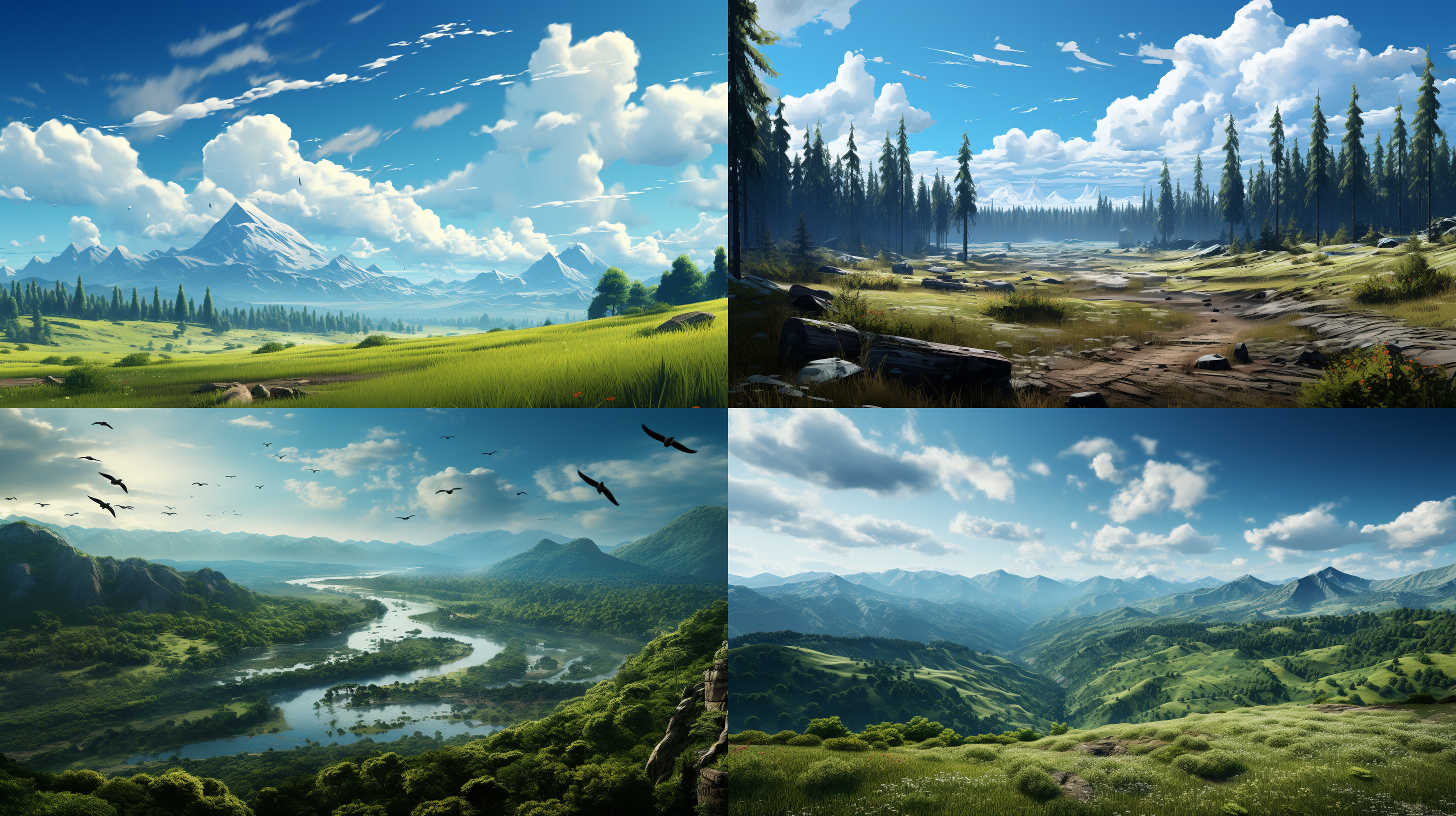 风在飞翔，茂盛的树林，广阔的旷野，蓝天白云，自然风光，远景，清晰对焦，自然光，静态，和谐色调，宁静，自由。