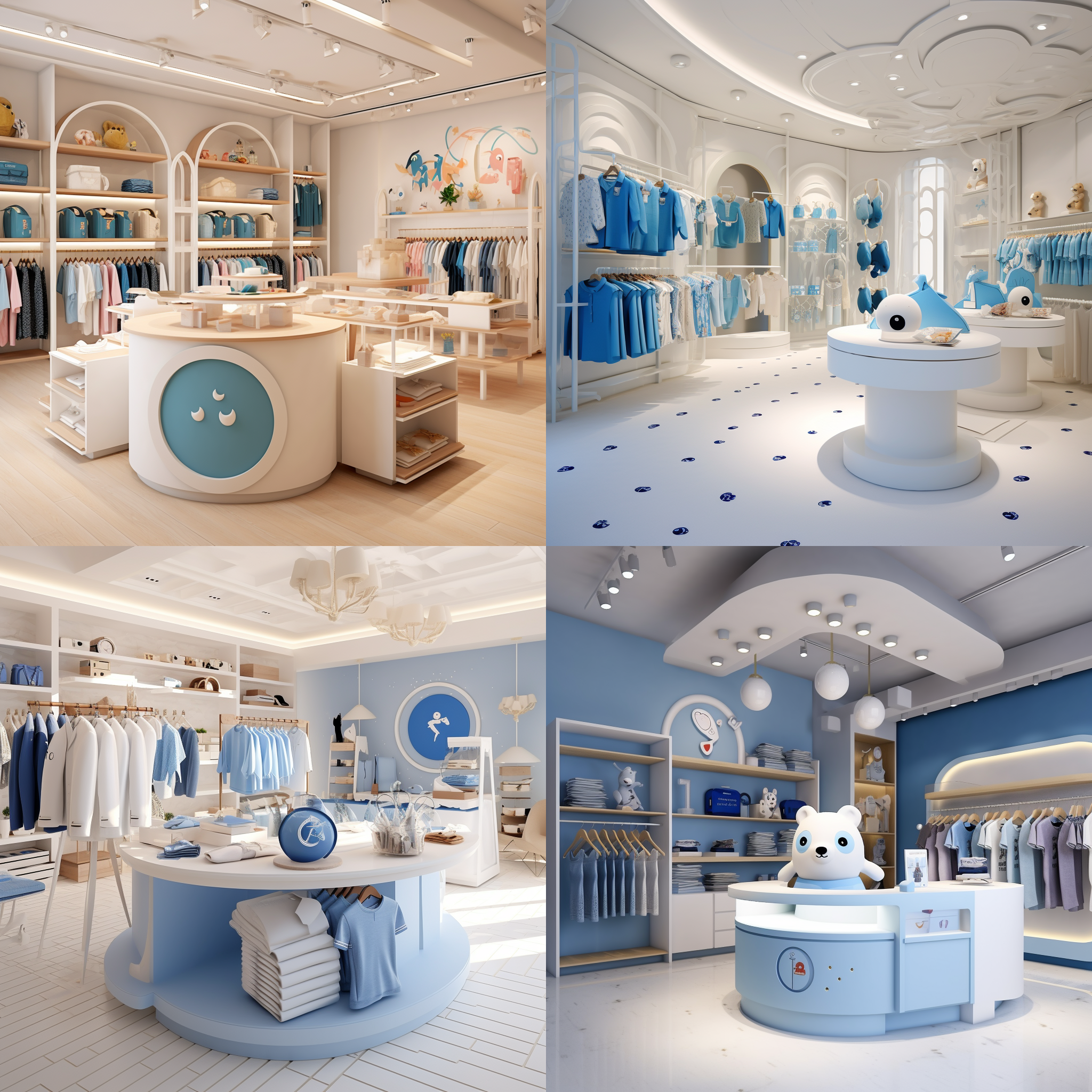 clothing, store interior design, cute style, cute mascot, lively design, white & blue, (shop design: 1.2), small shop, creativity, real renderings, hd details, best quality