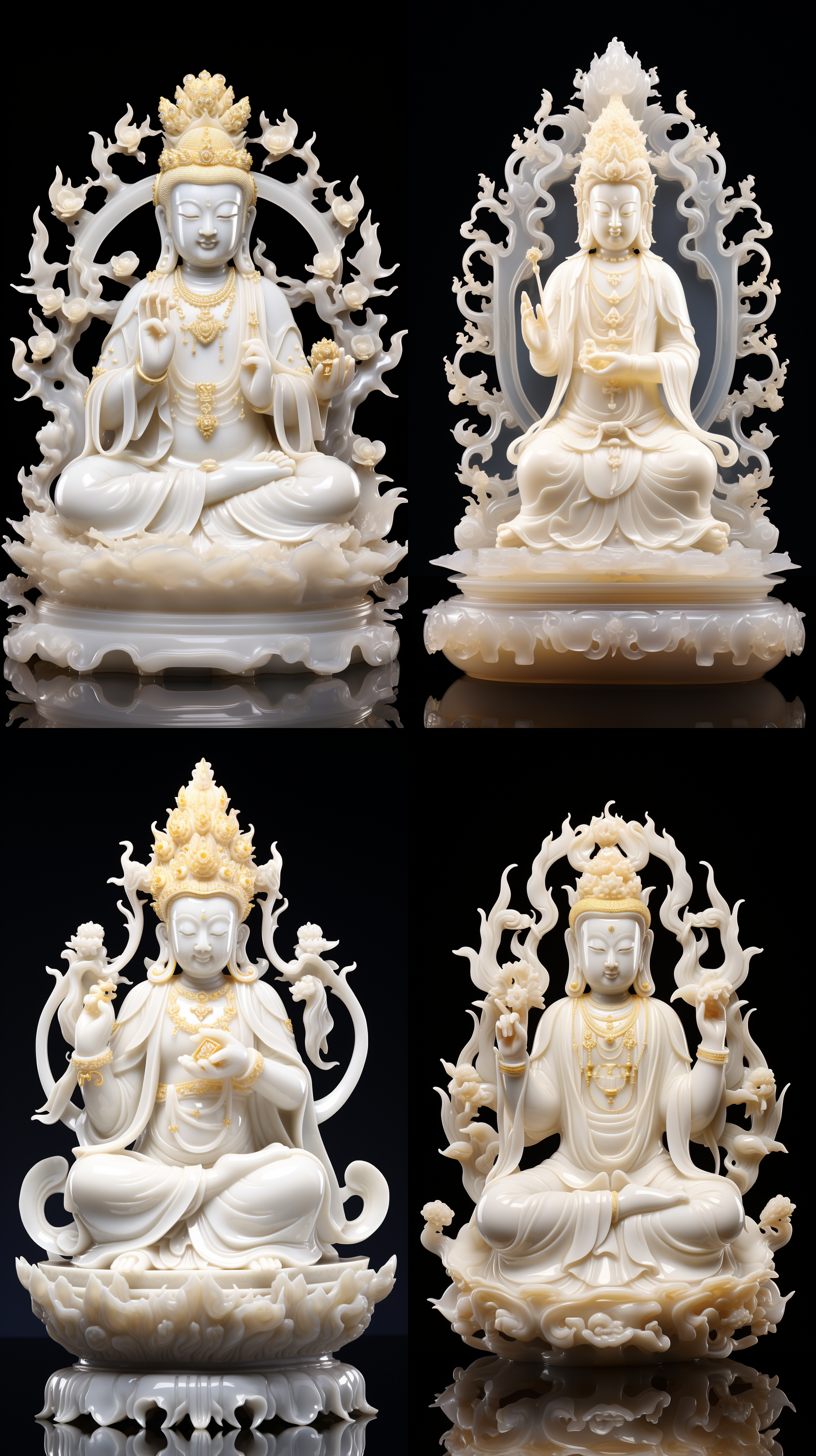 千手观世音菩萨，汉白玉材质，细腻洁白，金色点缀，慈祥庄严，正面镜头，金光背景，细节丰富，肖像模式，高大伟岸，柔和侧光，静态，蓝天白云，庄严神圣，宁静。