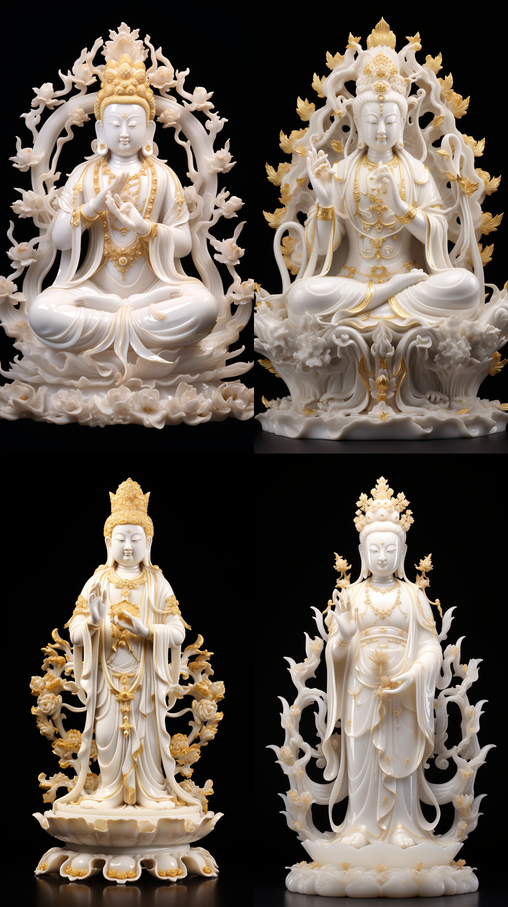 千手观世音菩萨，汉白玉材质，细腻洁白，金色点缀，慈祥庄严，正面镜头，金光背景，细节丰富，肖像模式，高大伟岸，柔和侧光，静态，蓝天白云，庄严神圣，宁静。