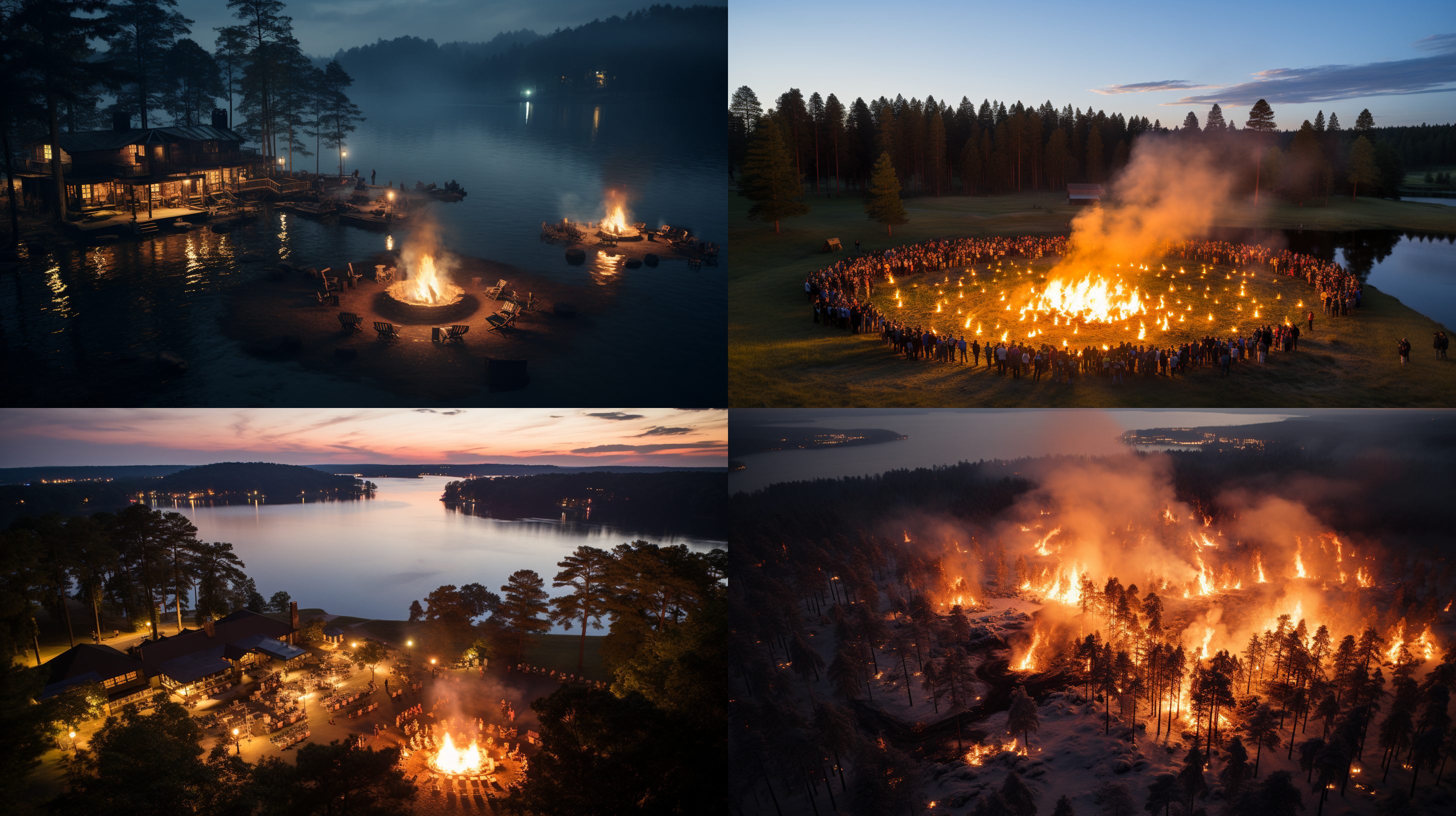 篝火照亮湖泊、草地、树林，广角镜头，高清彩色摄影，无人机低空俯拍, 夜晚，熊熊大火，壮观，温暖，自然美景，夜色迷人，神秘，宁静。