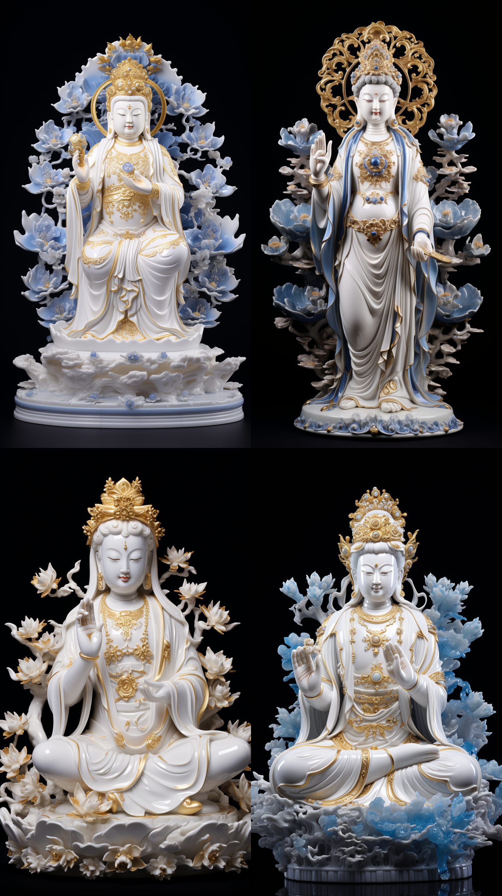 千手观世音菩萨，汉白玉材质，细腻洁白，金色点缀，慈祥庄严，正面镜头，金光背景，细节丰富，肖像模式，高大伟岸，柔和侧光，静态，蓝天白云，庄严神圣，宁静。