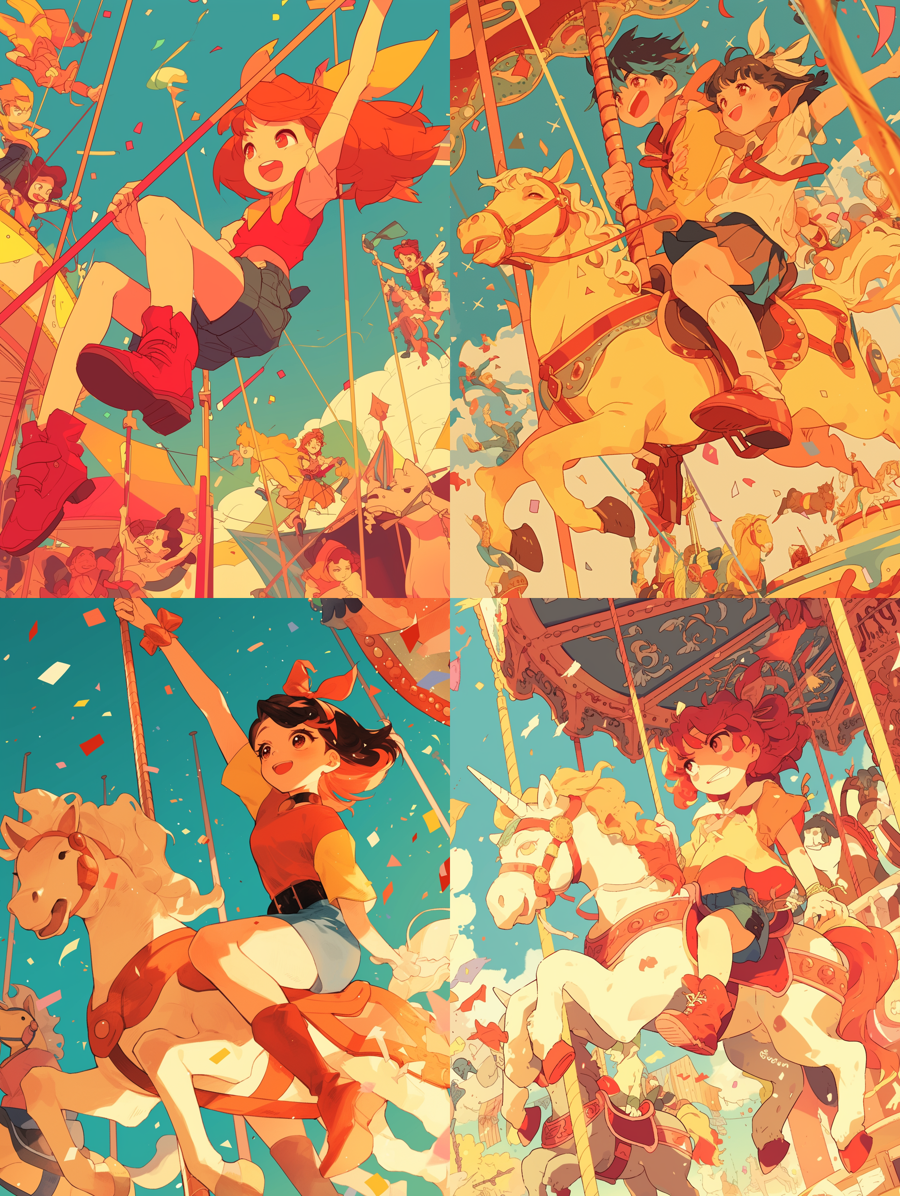 卡通人物飞天，hanna-barbera风格，低俗艺术，2d游戏线条插图，pixiv热门，黄红色调，旋转木马背景，线条素描，欢乐，童真。