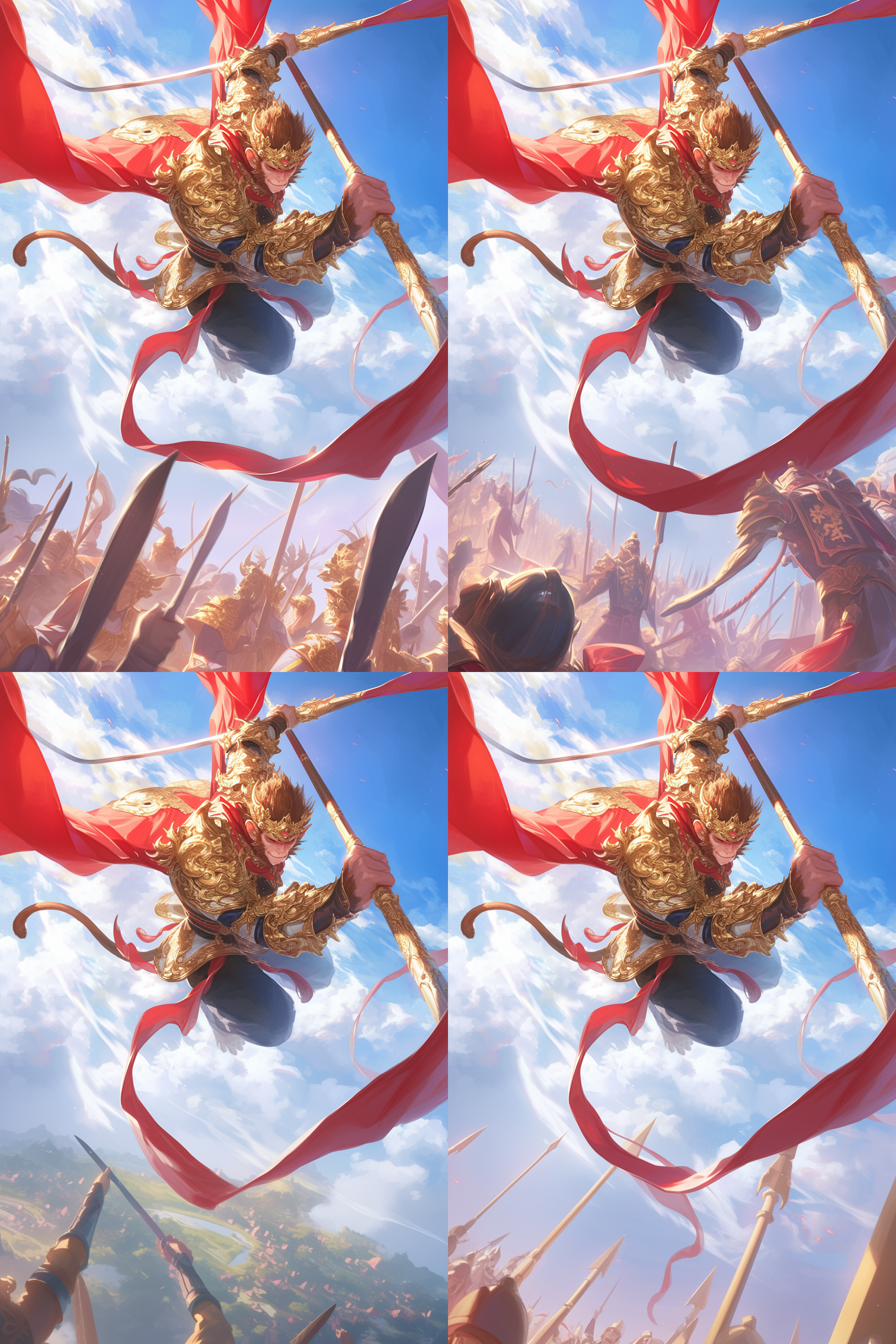 帅气猴王大战天兵, 金甲红披风, 金冠, 黑步云鞋, 金箍棒, 坚毅眼神, 宽广构图, 明亮柔和光线, 高清晰度, 细节丰富, 云朵, 战斗动作, 暖色调,低角度视角,动感构图,远景,绚丽色彩,英雄主义情绪。