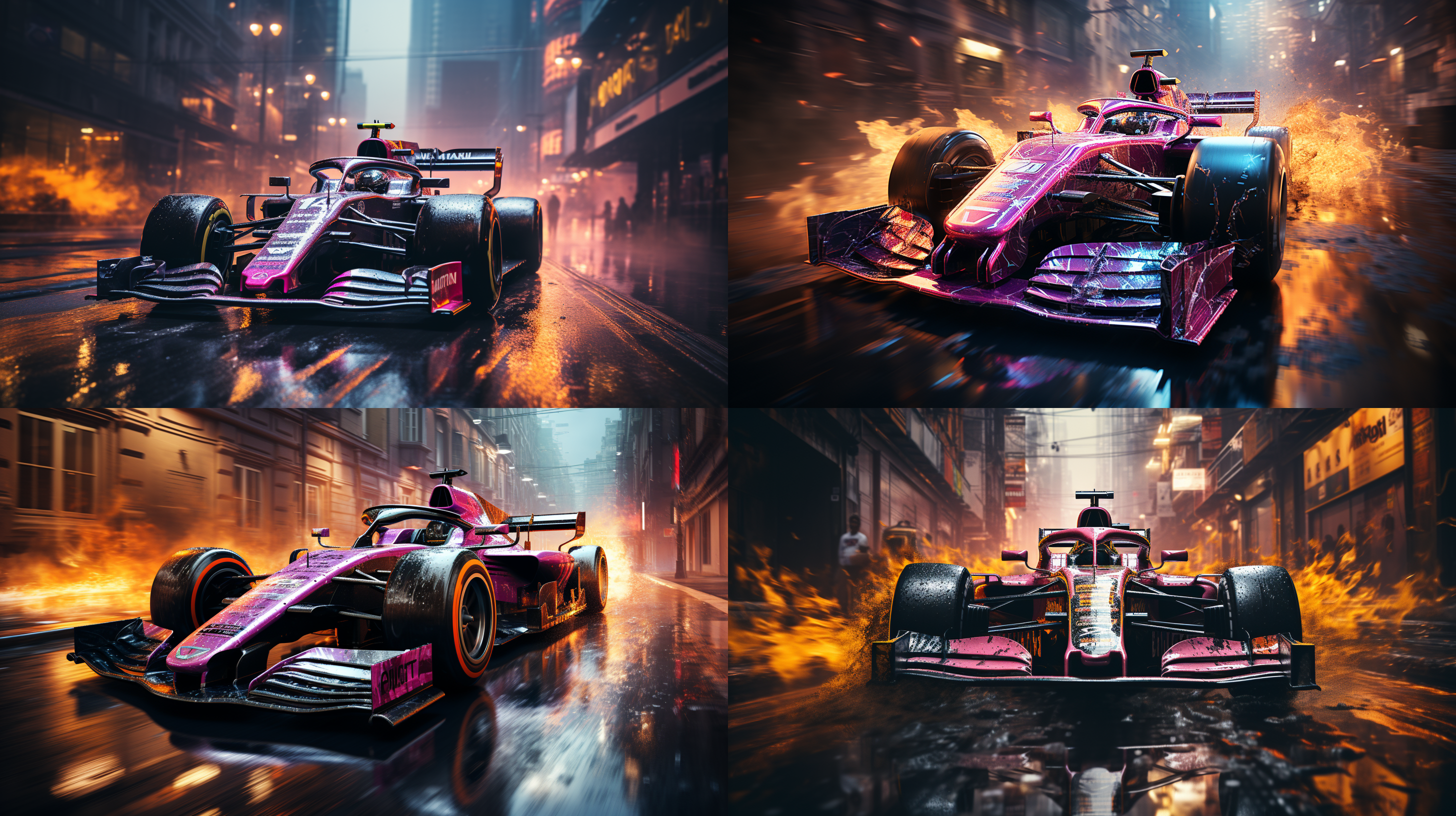 f1赛车竞技, 赛博朋克风格, 霓虹灯, 城市街头, 人群, 动感模糊, 高速快门, 强对比度, 车轮抓地力, 紧张刺激, 火花四溅, 冷色调。