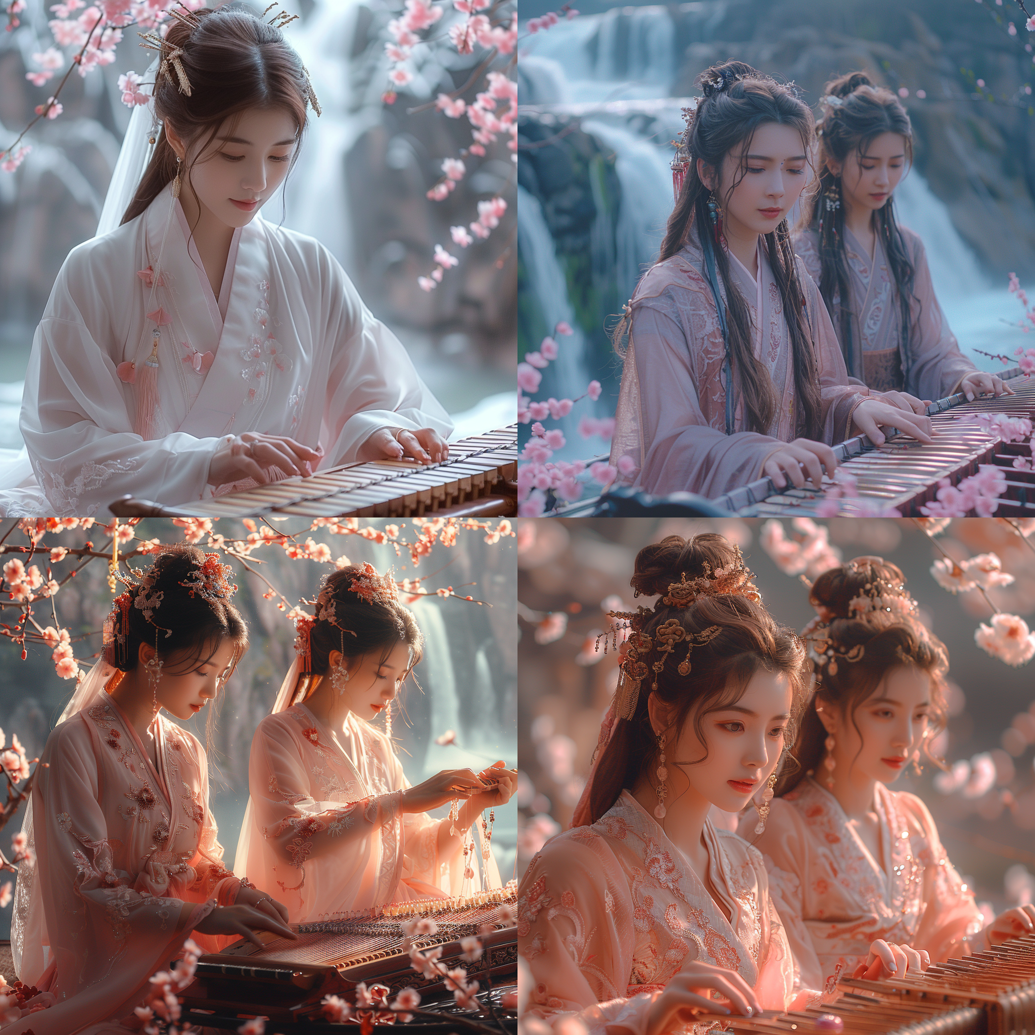 古装美女弹古筝，亚洲脸，山水对角线布局，盛开的桃花和瀑布，柔和色调，长焦镜头，侧光，优雅动作，宁静。8k