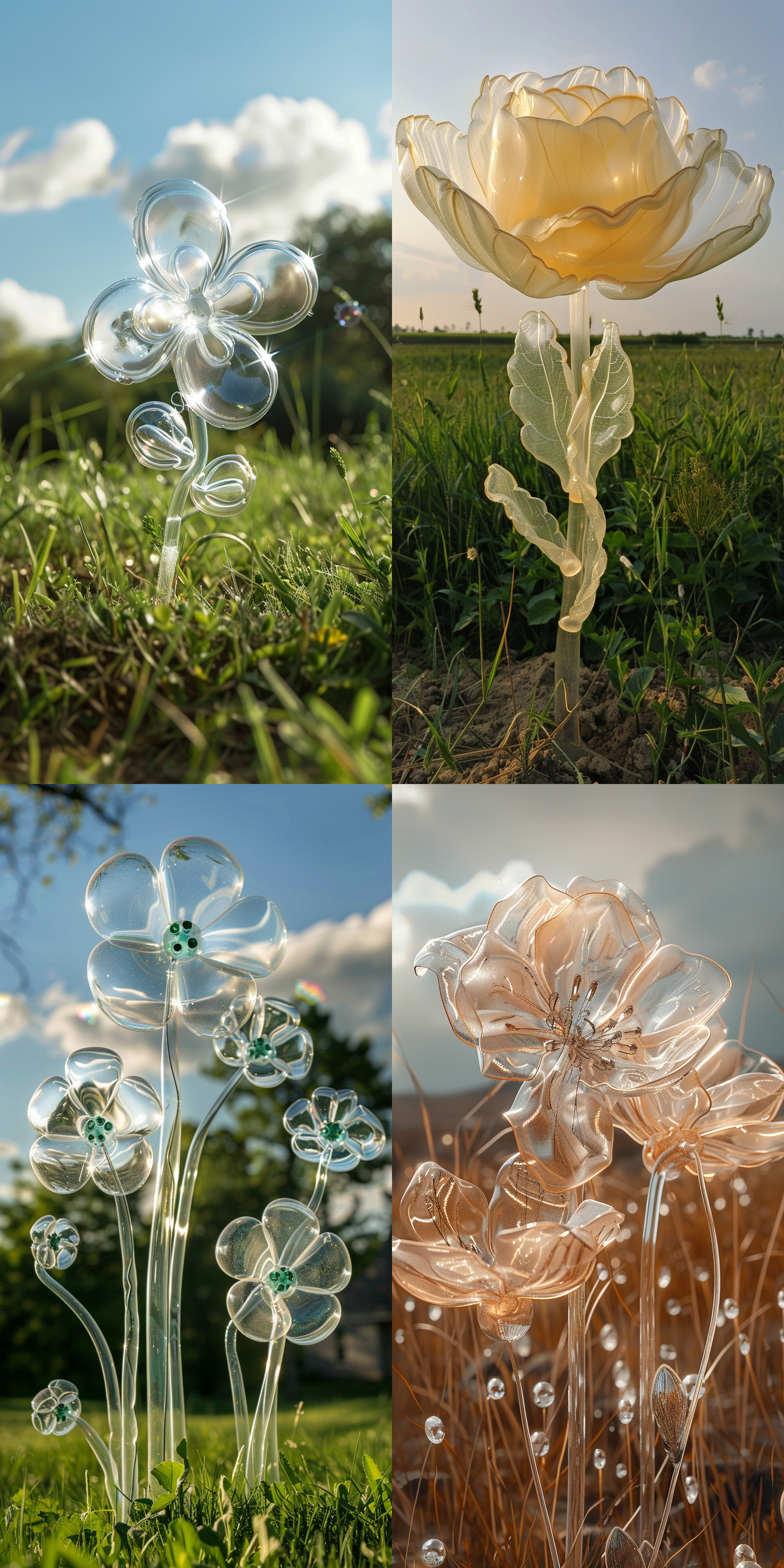 flower in a field made from clear light-colored balloons,real flowers made from balloons growing out of the ground,bubbles