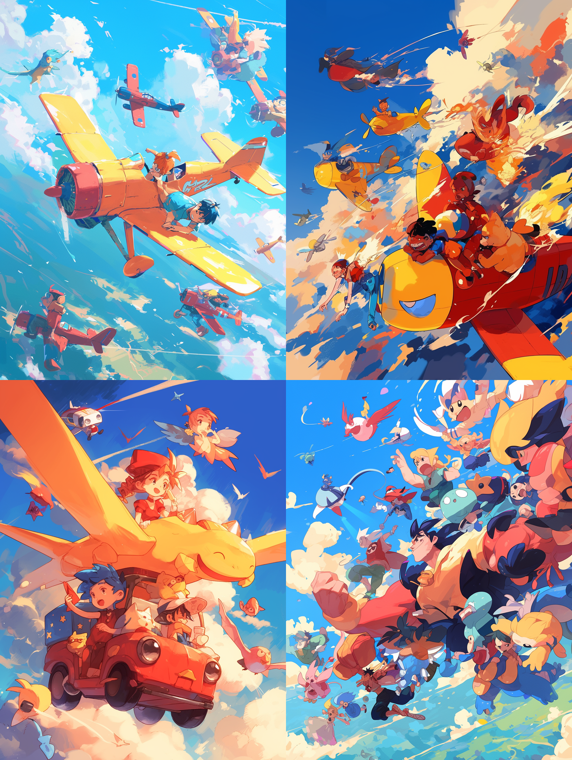 一群卡通人物在天空飞翔，hanna-barbera风格，pixiv热门，低俗艺术，2d游戏线条艺术，behance高清，手绘线稿，黄红色调，液体感。