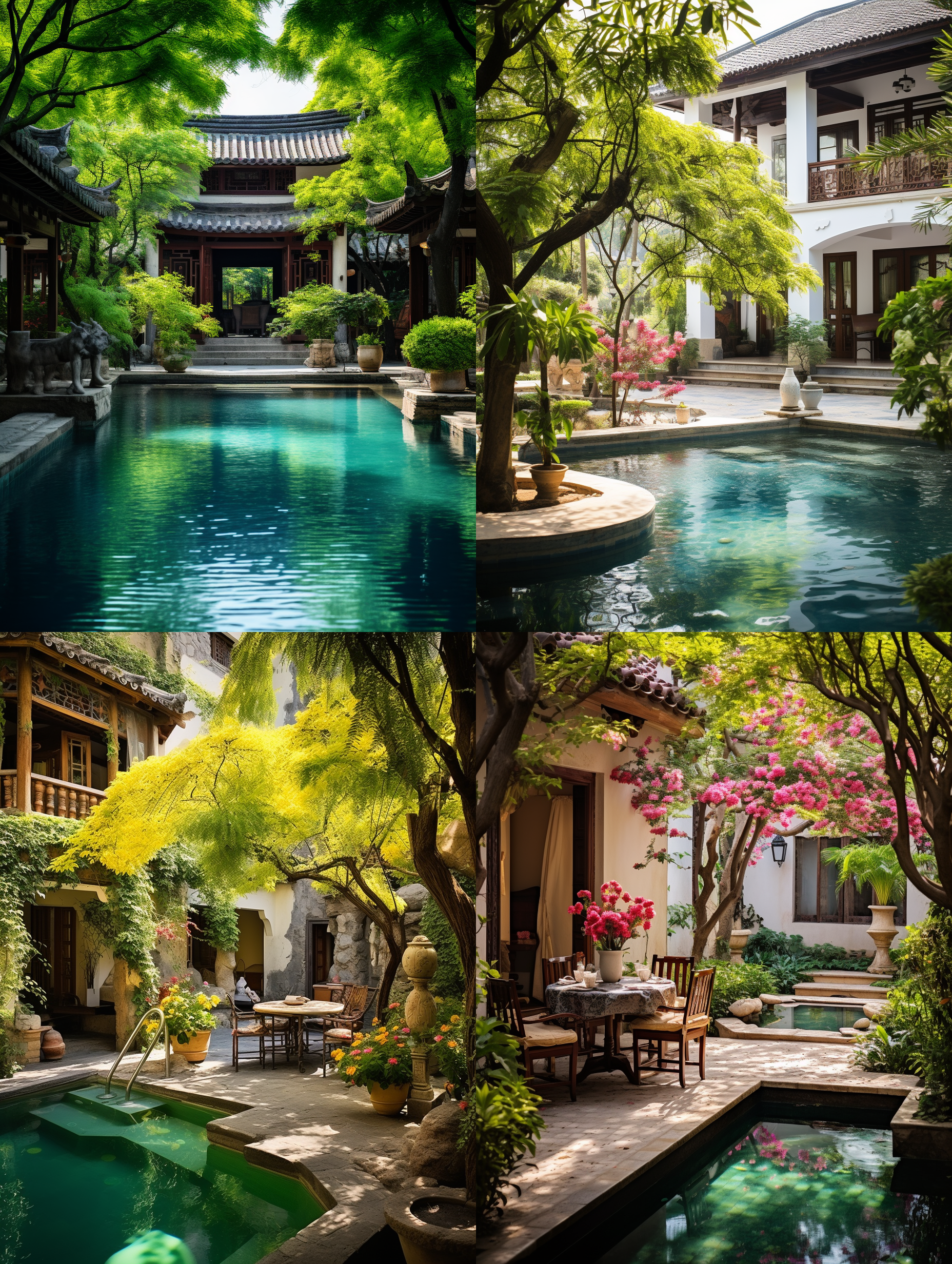 云南小院风格，漂亮花园，3层别墅。, 复古风格，俯拍，大片水池，绿色植物，阳光穿过树叶，中焦镜头，明亮色调，静态，优雅。