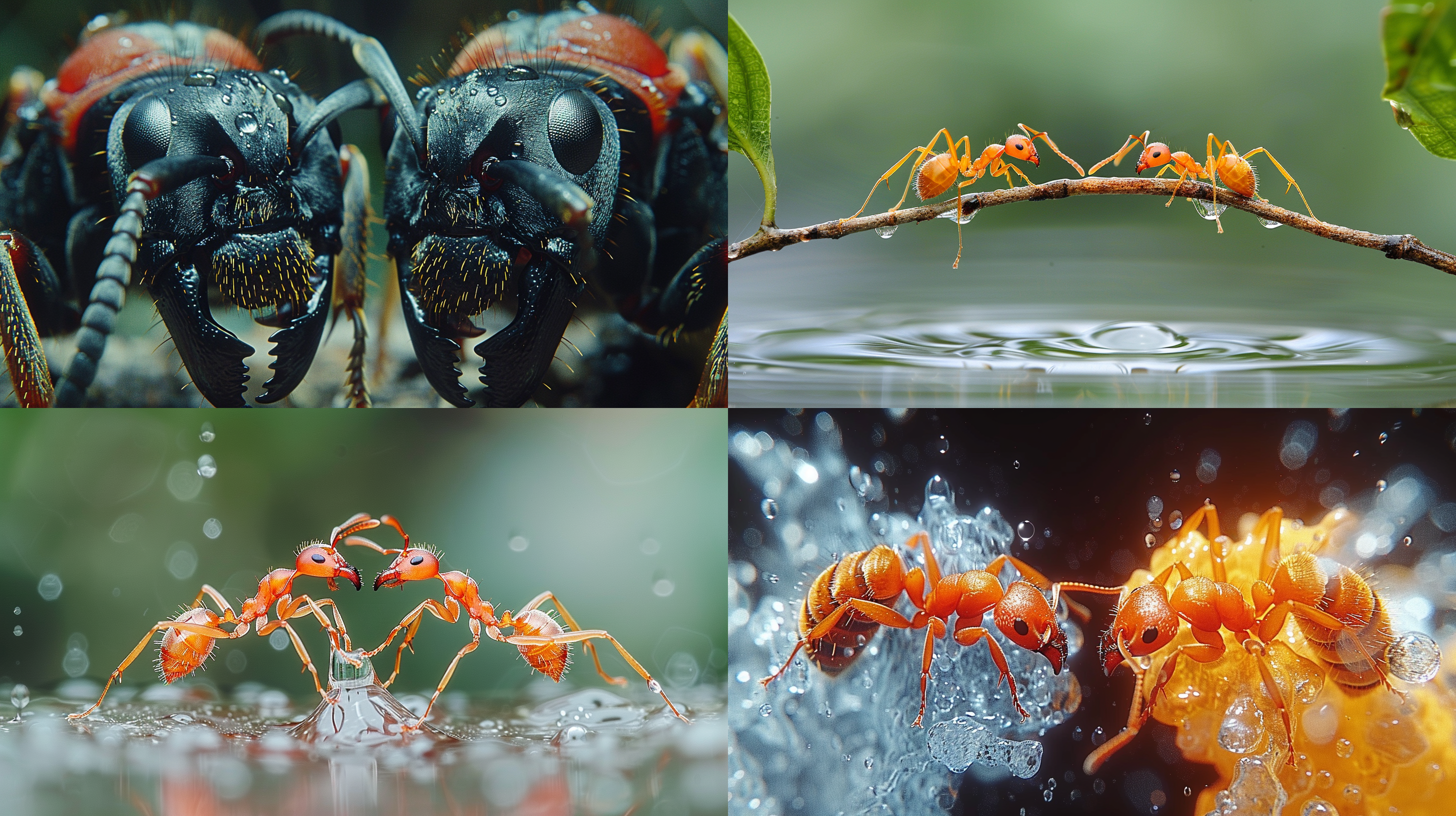 微距摄影，2只蚂蚁，举起前爪，攻击的样子，树枝，水滴，炫彩高清
