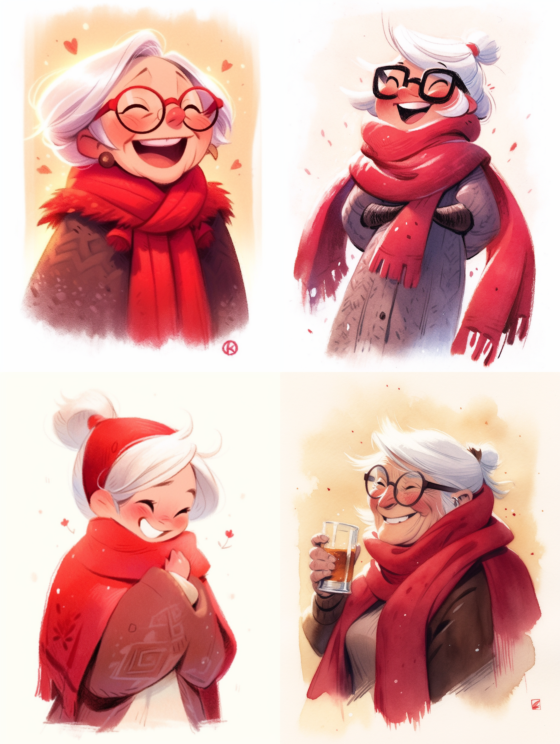 100岁奶奶微笑，上半身，笑的满脸皱纹,老人可爱慈祥,红色围巾搭配白色连身裙,灰白短发,简约构图,素描简笔风格,高质量图像,铅笔轮廓,突出红色,单一白色背景,微笑,和蔼,幸福,老年,红色,黑白.人像摄影.