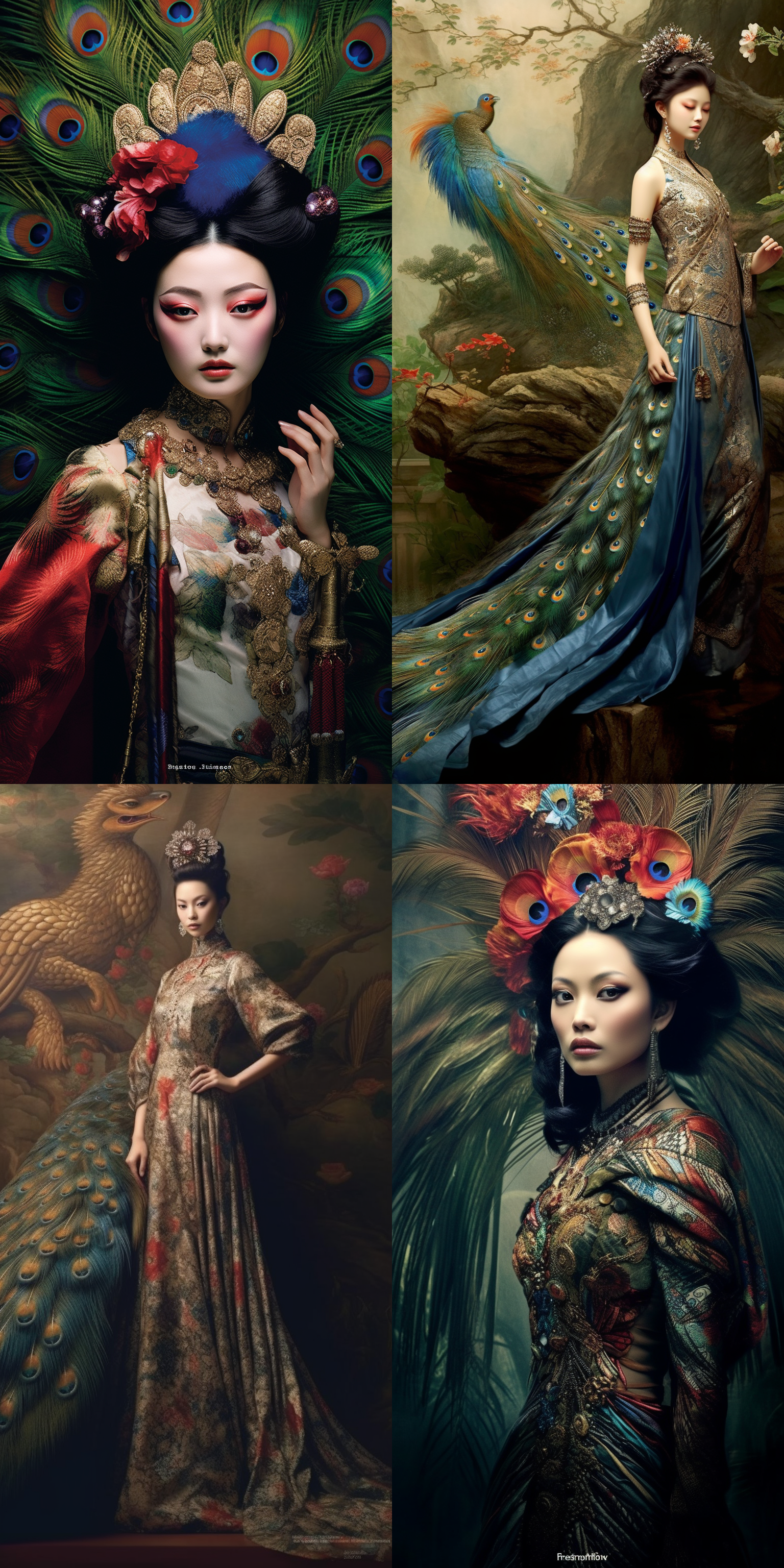 远景透视，全身。中国女演员端庄优雅的站立，身着盛装华服，面容丰满，皮肤细腻，真实，色彩鲜艳丰富。孔雀翎装饰面部，快速捕捉瞬间。照片经过高清处理，呈现史诗级的效果。 酸性电子美术馆，消失点构图，居中构图，柠檬黄，星空，脸谱