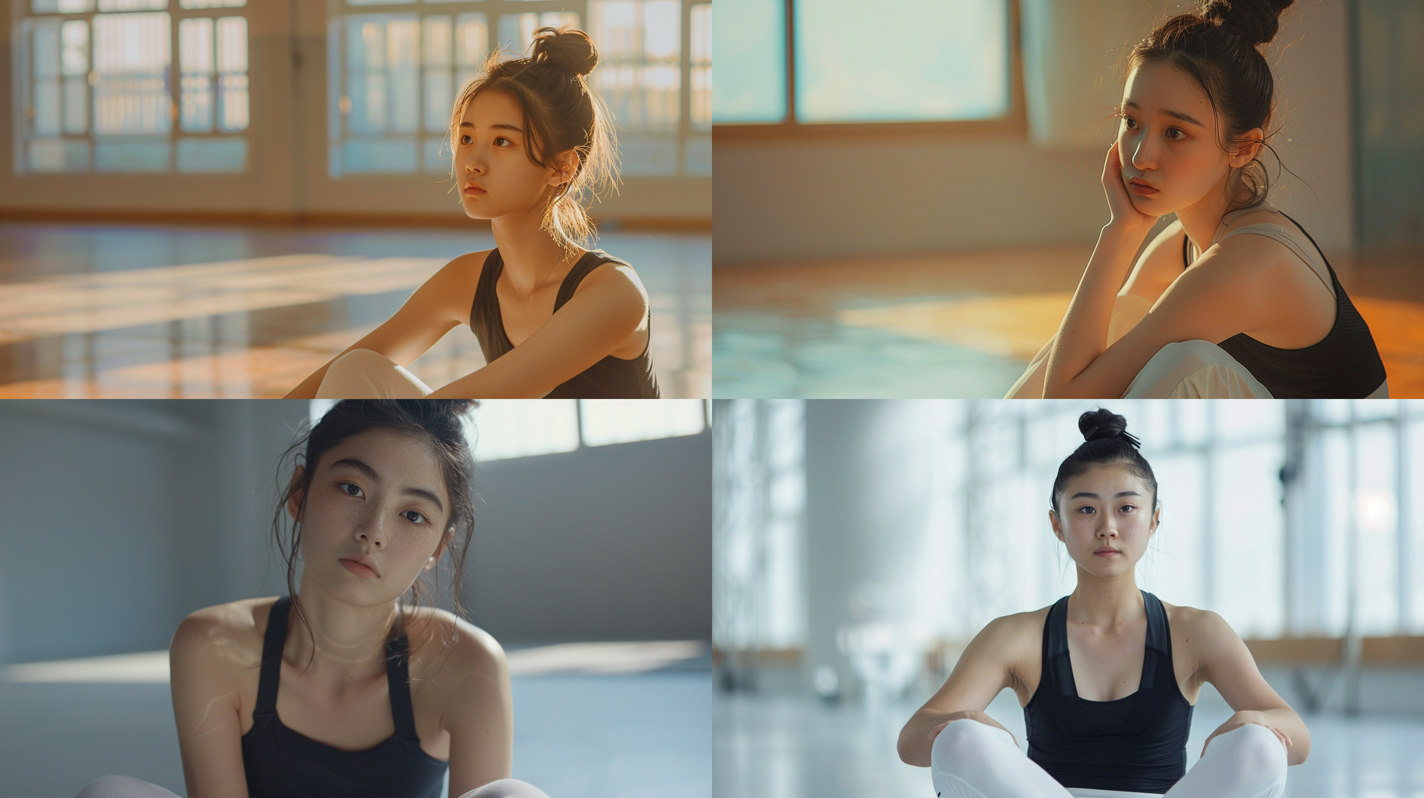 中国女孩，盘头盘腿坐，白舞蹈裤，黑舞蹈衣，低头深思，明亮舞蹈室，镜头聚焦正面，微距镜头，清晰，安宁，写实，静态，眼神坚定，圆脸，目光明亮。