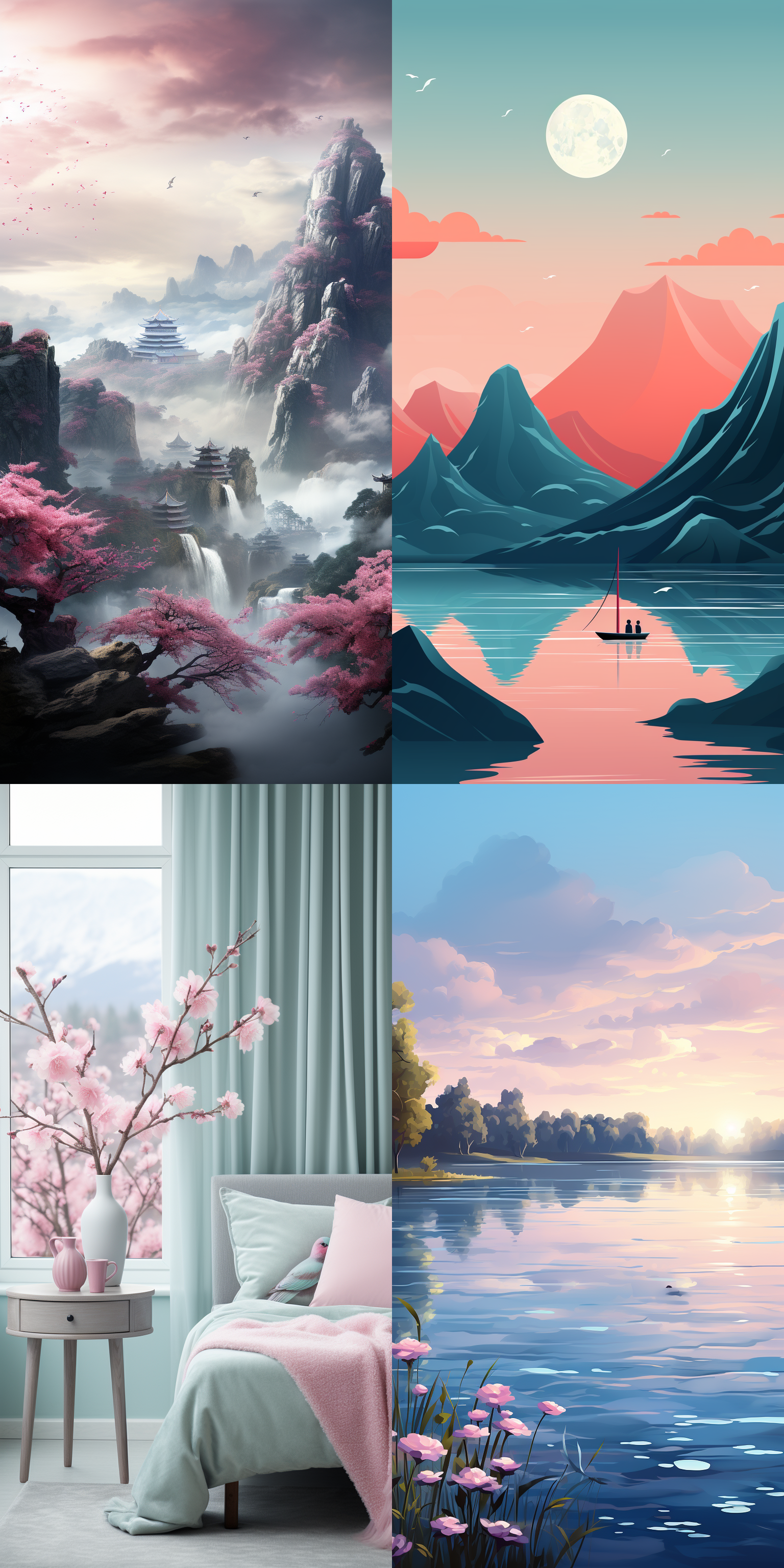 春雨细雨，新中式国潮风格，清明节海报，山水画背景，花鸟图案，和煦光线，柔和色调，富有诗意，中国风情，春光明媚，唯美。 山水背景，中国画风，和谐色彩，柔和光线，富有诗意，唯美人物，传统服饰，自然动作，优雅神态，花鸟图案，清明节主题。