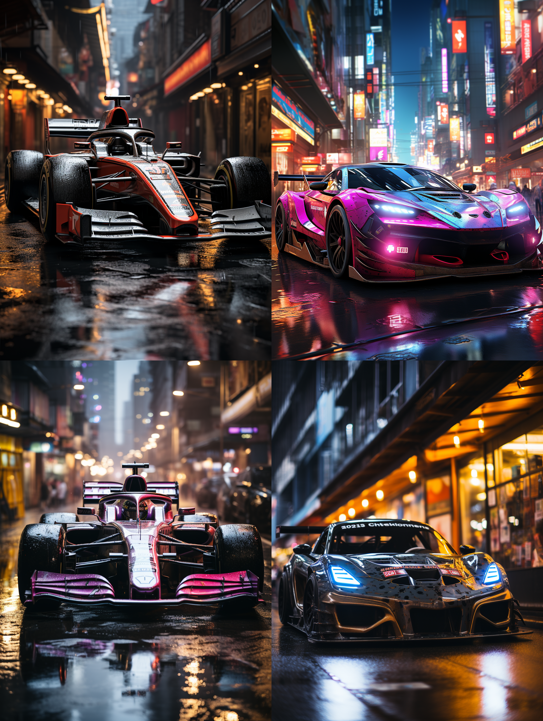 两辆 f1 赛车，在赛道上竞技，赛博朋克风格的城市街头，霓虹灯闪烁，街上的人们，穿着奇特