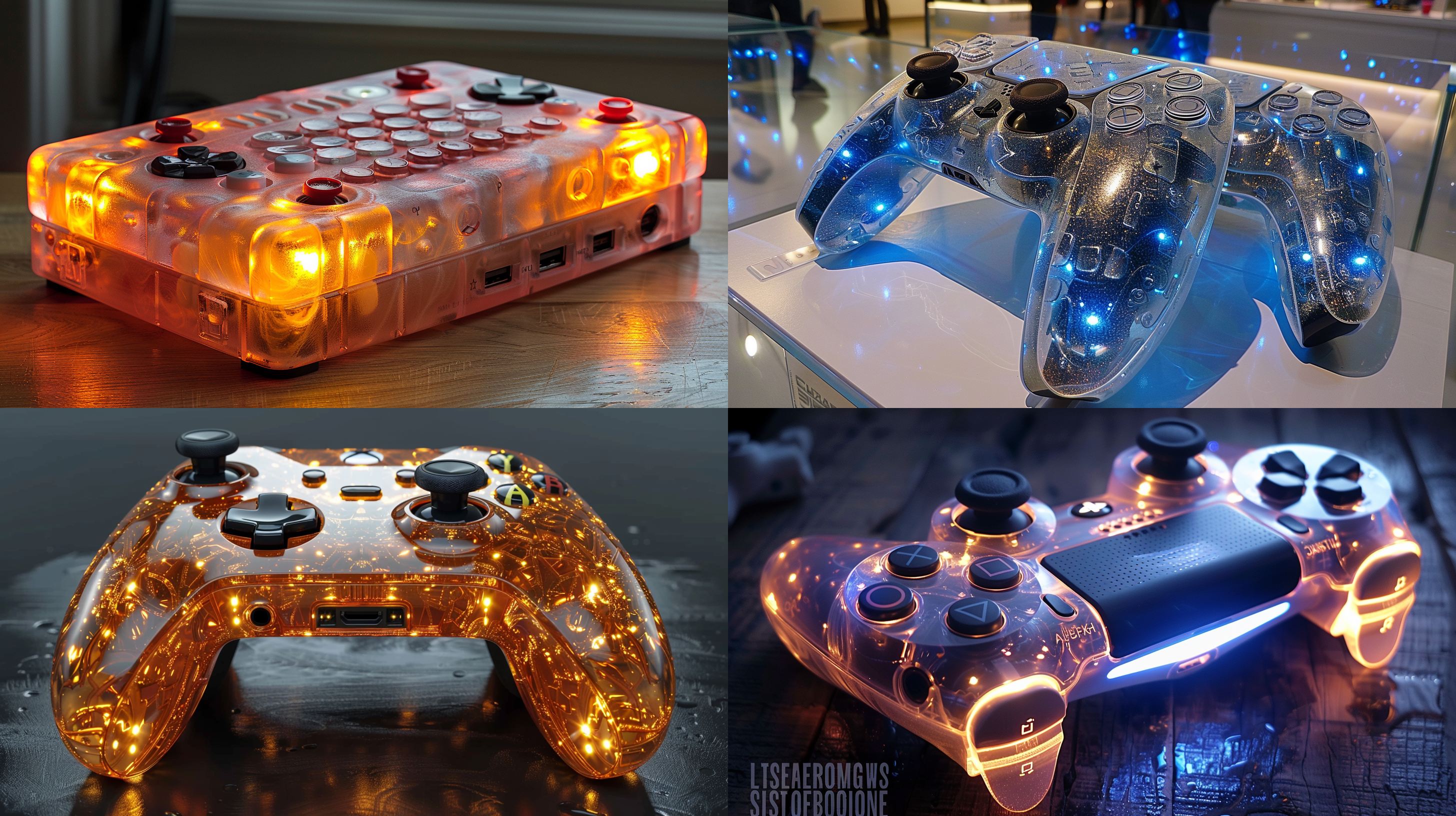 a translucent gaming console with a glass-like texture and dazzling lights