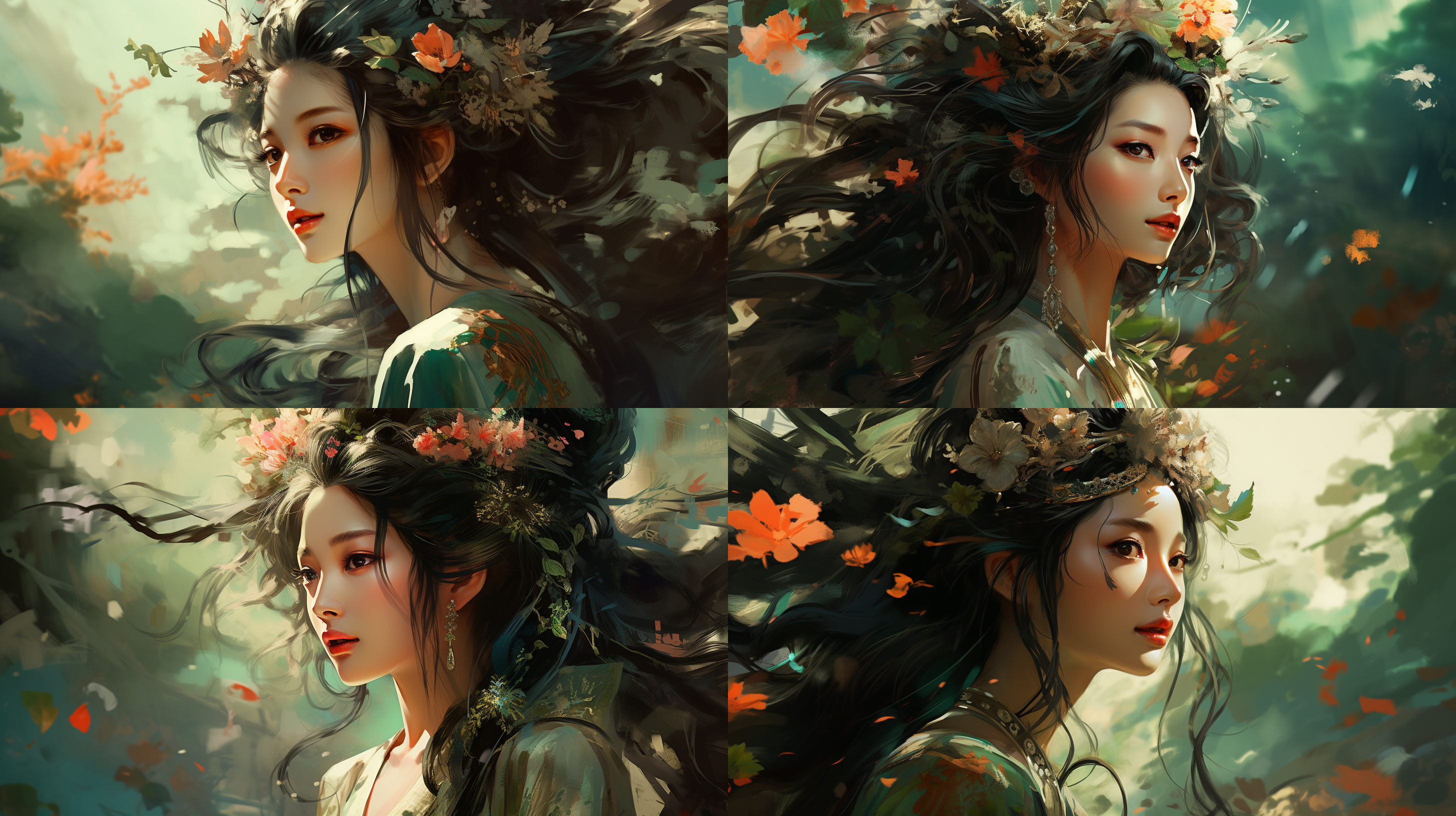 中国古代女性，黑发飘逸，发间鲜花随头发飘动，人物特写，中国风扁平漫画风格，绿色调，超高分辨率，肖像镜头，微笑，柔和侧光，细节丰富，优雅。 中式服装 汉服 山海经 阳光照射 明亮的 玉 头部特写 梦境 宫崎骏