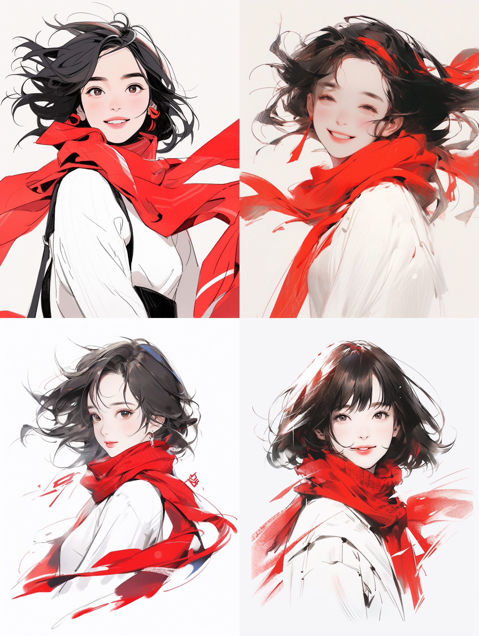 少女正面微笑，黑发红围巾白裙，简约构图，素描风格，模糊细节，高质量图像，单线铅笔轮廓，突出红色，白色画布，单一白色背景。人像摄影，全身像，灵动的，红色，白色，高质量图像。