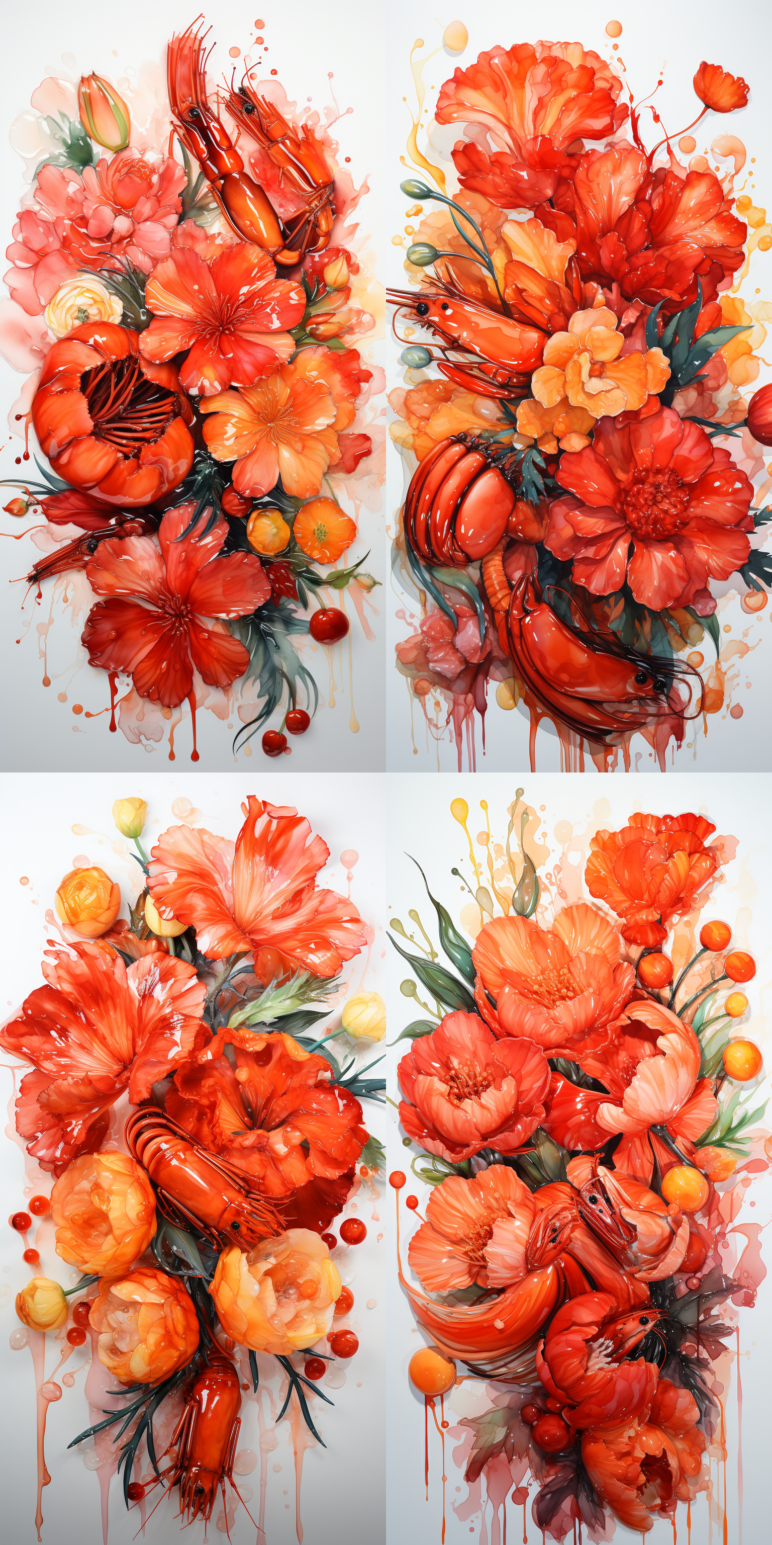 齐白石风格，中国水墨画，5只虾，5只虾在戏水，虾在水中，优雅动作，简洁构图，黑白灰色调，传统笔墨效果，细节精致。