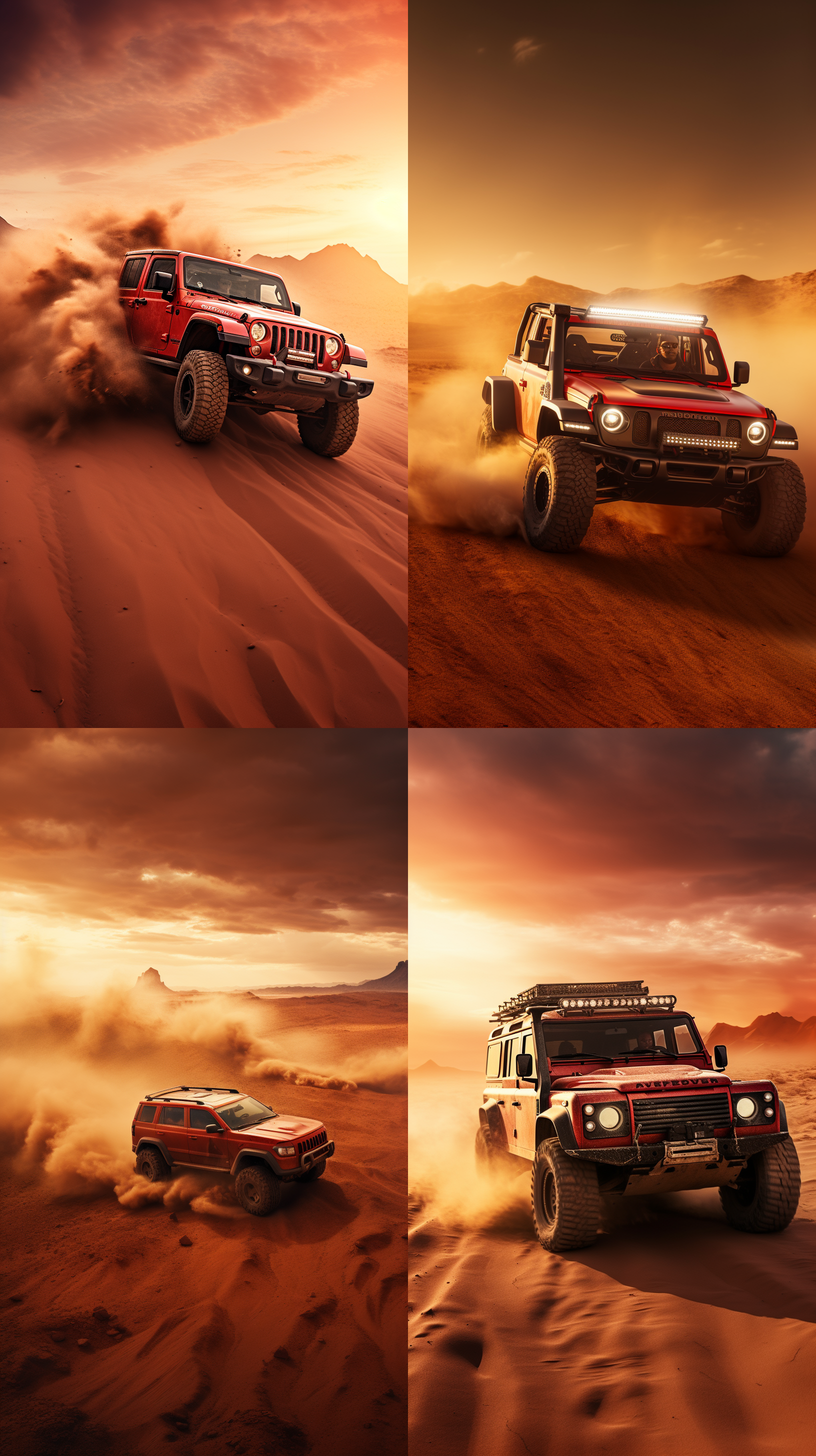 红旗hs5越野车，驶过沙漠，日落余晖，侧逆光，高角度拍摄，广角镜头，尘土飞扬，英雄主义，冒险，力量。