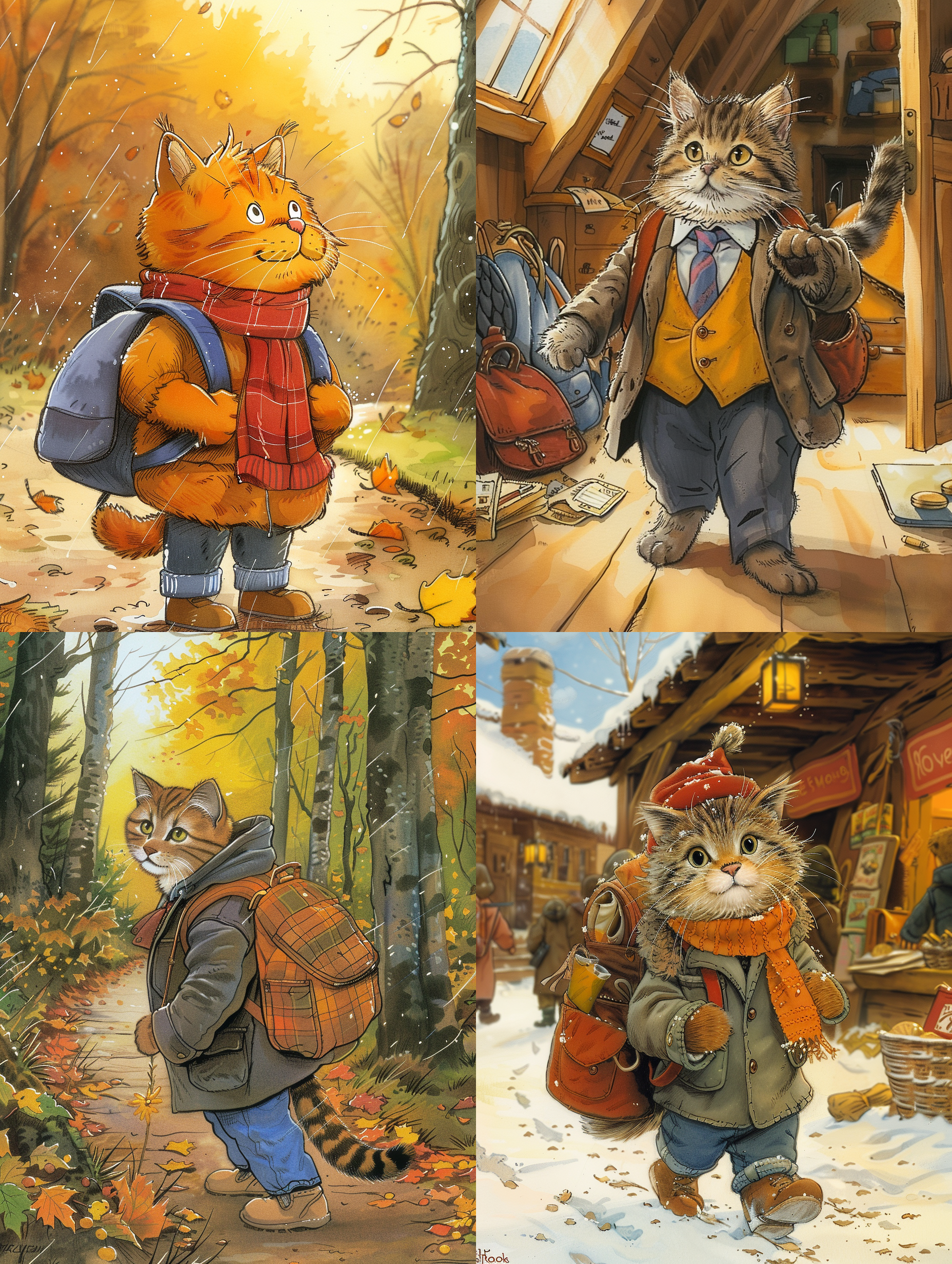 画一只穿着衣服背着书包，正准备去上学的小猫 动画艺术 柔光